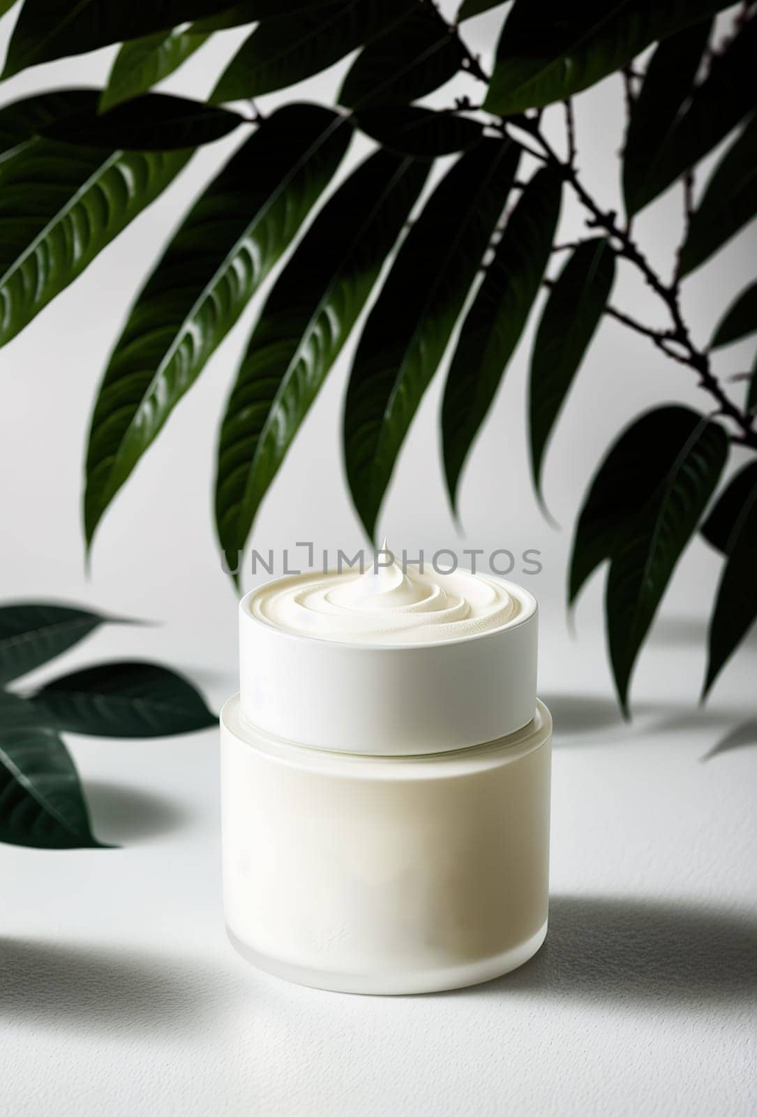 The image is a white jar of cream sitting on a green leaf.