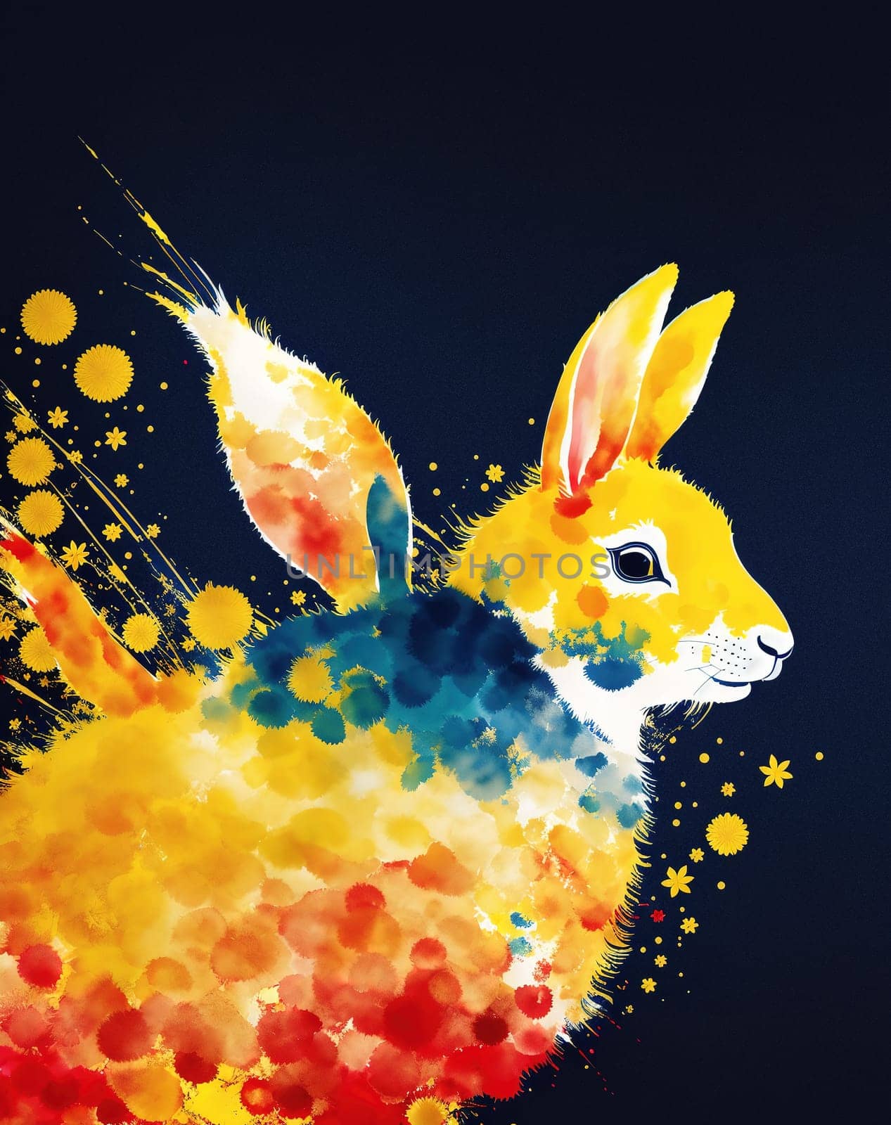 The image is a watercolor painting of a rabbit with a fluffy tail and long ears, standing on its hind legs and looking up at the sky.