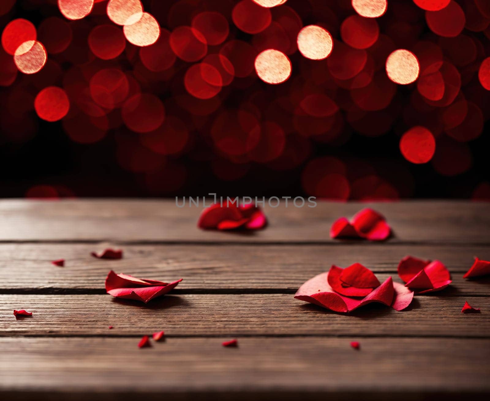 The image shows a red rose petal on a wooden table with a blurred background of Christmas lights.