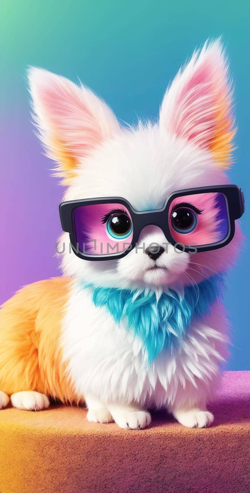 The image shows a small white dog wearing glasses and sitting on a colorful background.