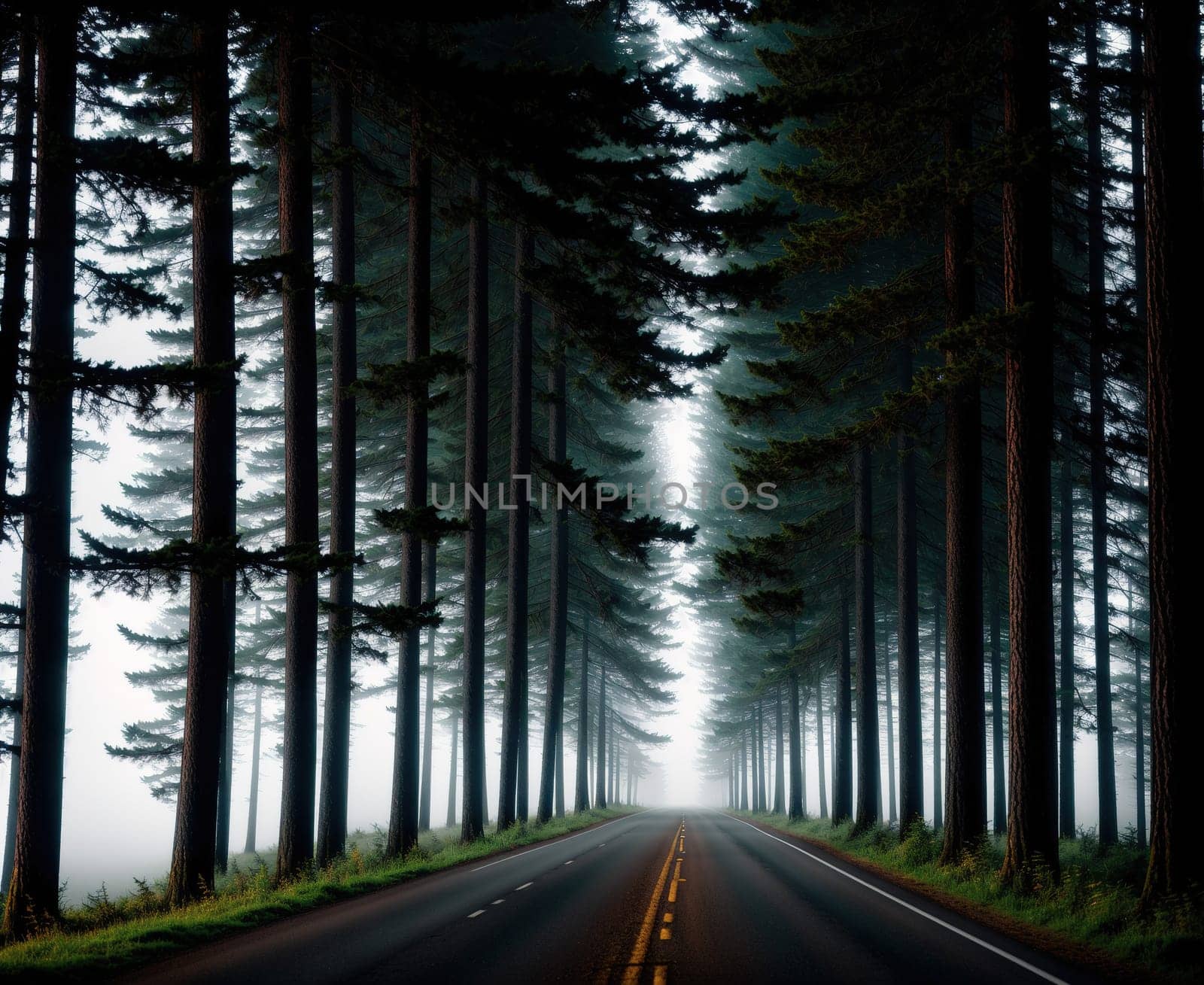 The image shows a road lined with tall, thin trees on either side, creating a foggy and eerie atmosphere.