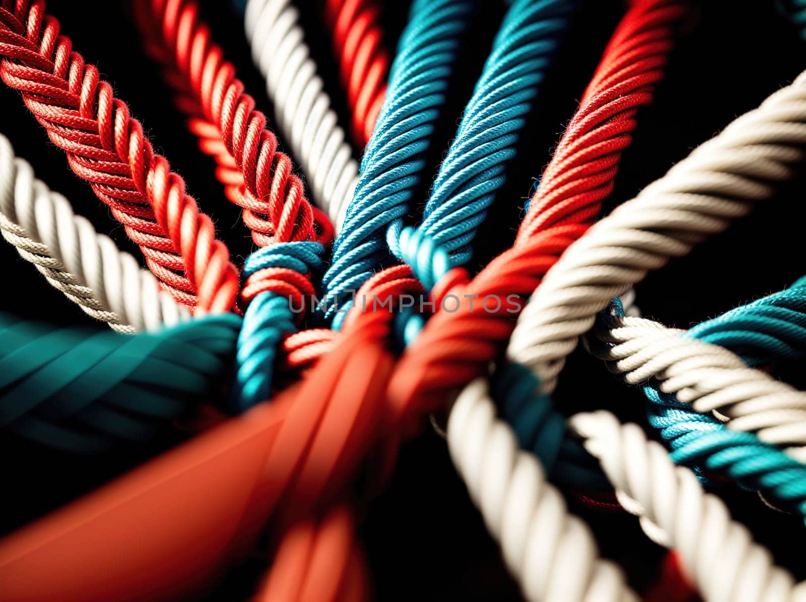 The image is a rope made of red, blue, and green ropes.