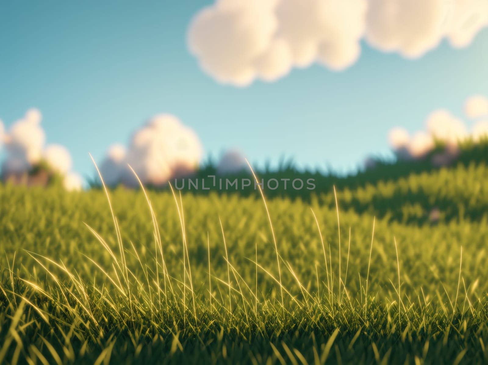 A green field with clouds in the background. by creart