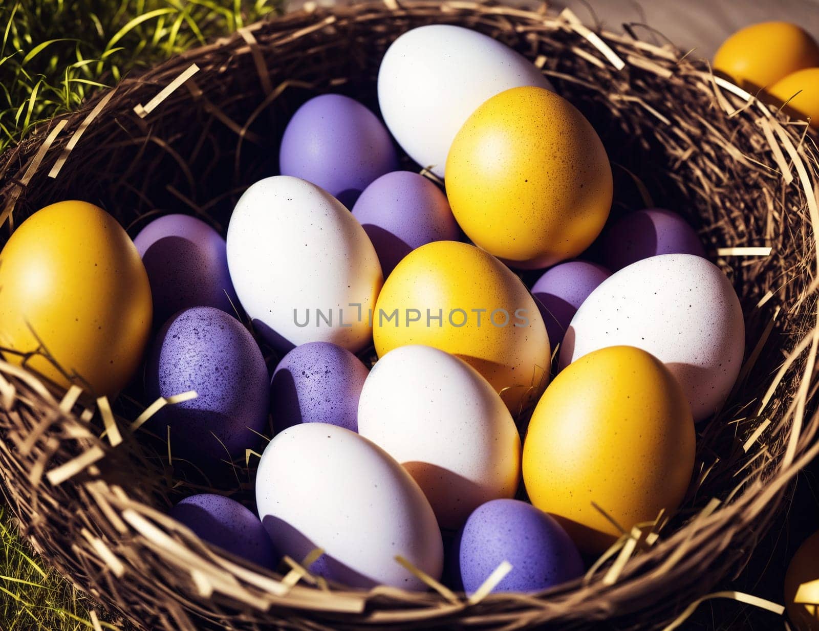 The image shows a basket filled with various colored eggs.