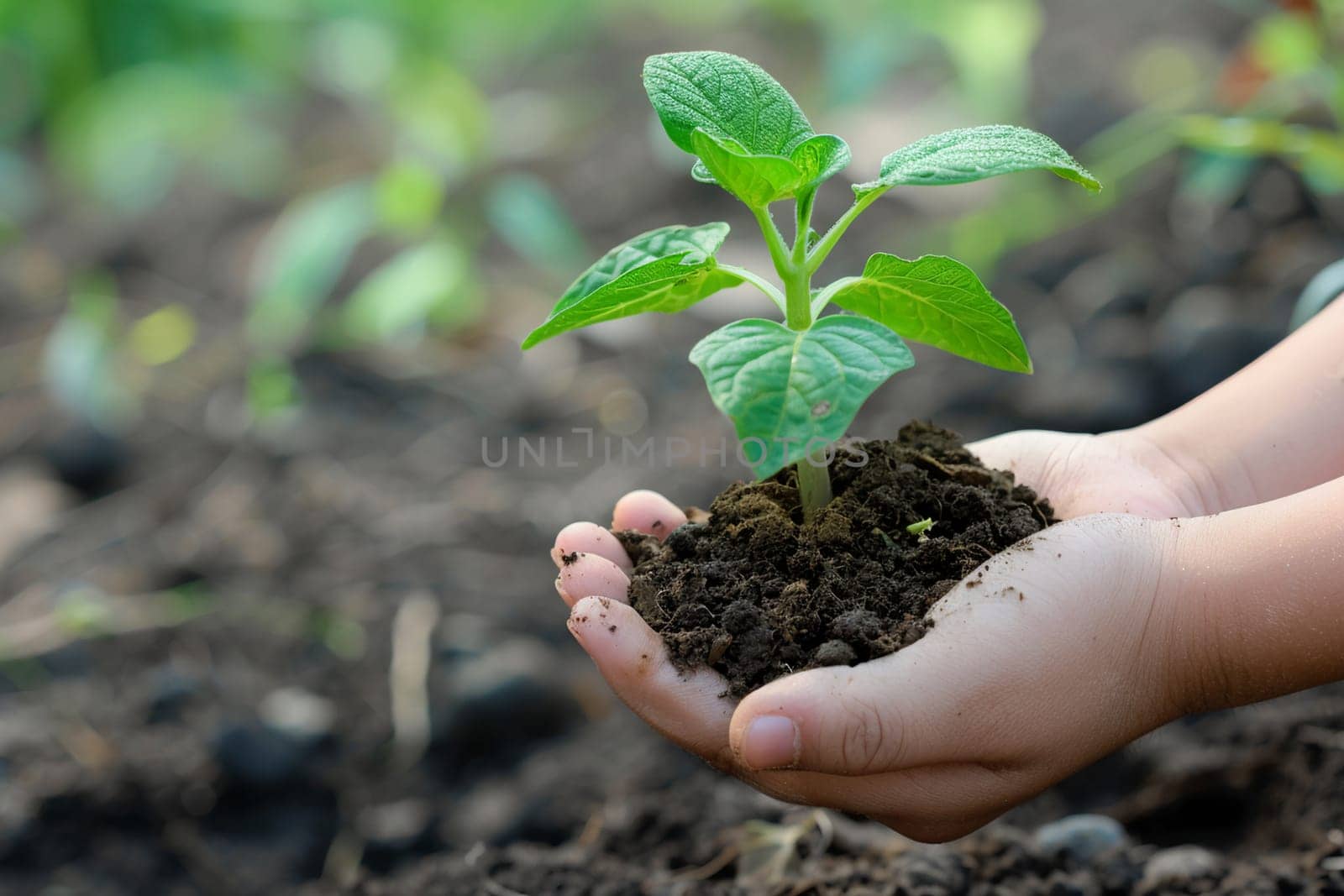 Young plant thriving in nurturing hands against soil. Sustainable development, green conservation by Yevhen89