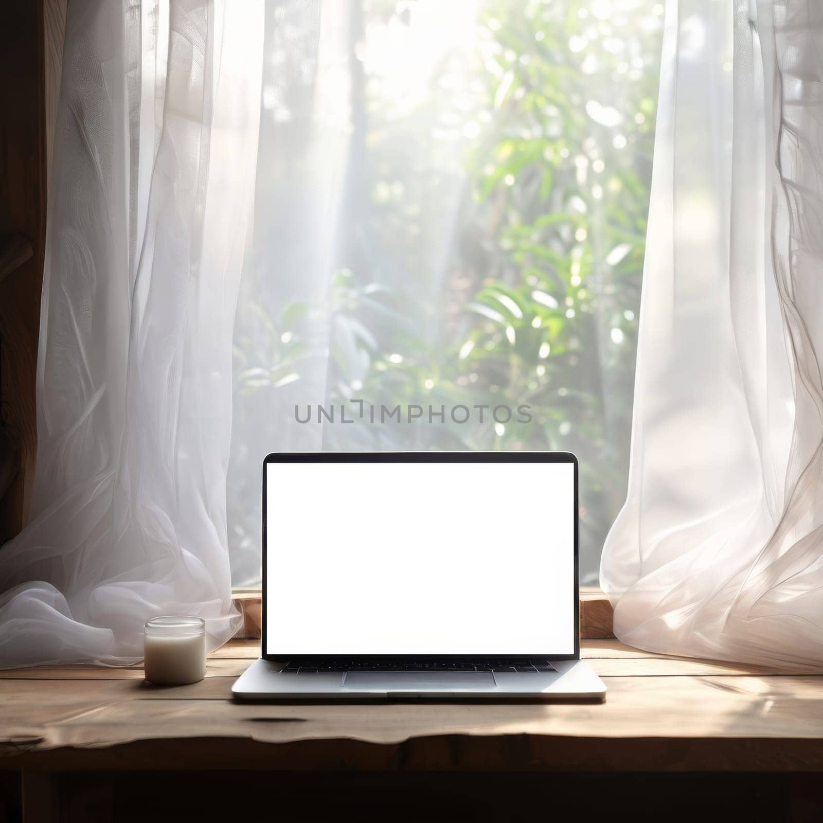 Open modern laptop with blank white screen on table in cozy room interior, mockup. Empty laptop screen on table in modern room interior, mockup