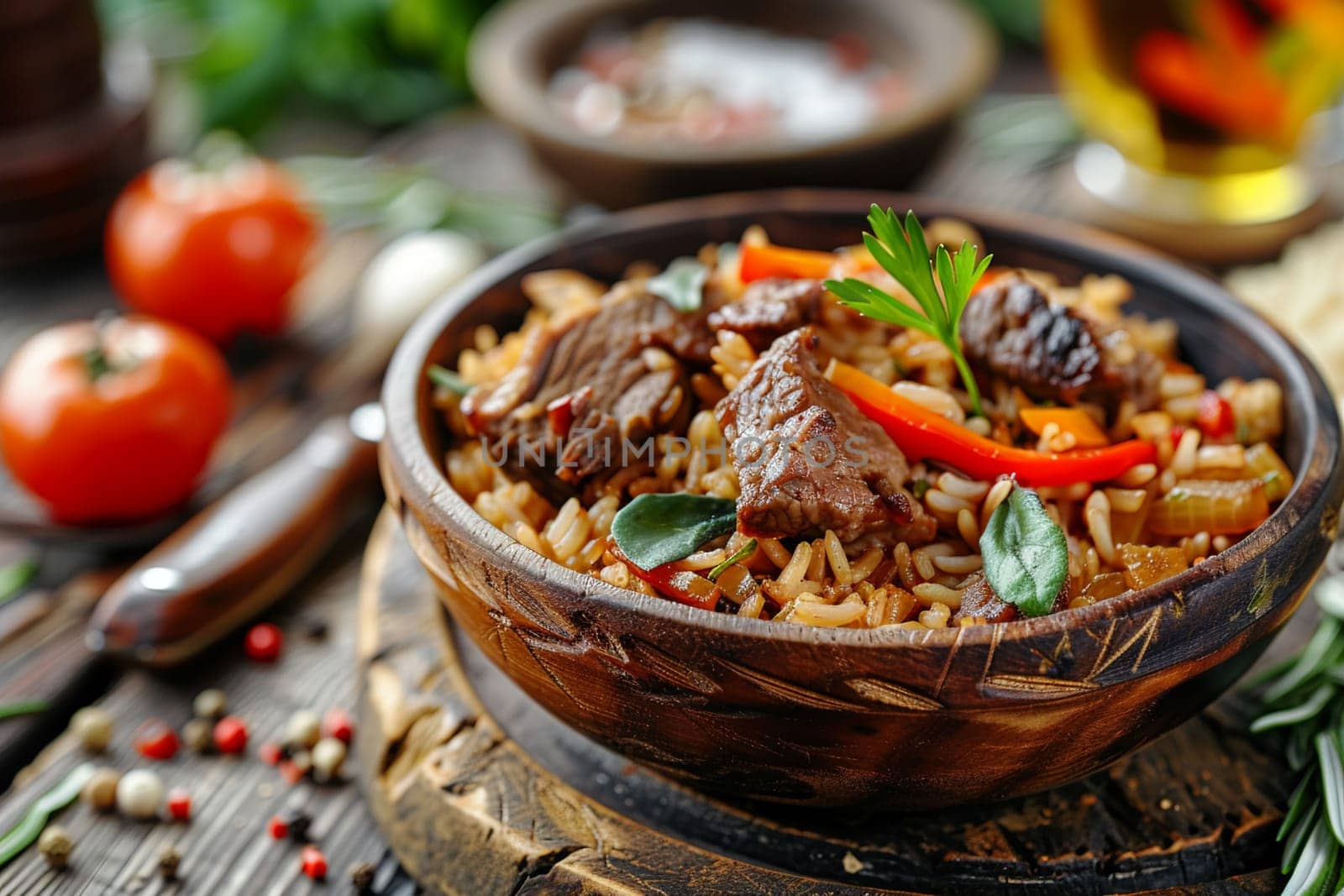 Wooden bowl of delicious pilaf with meat, vegetables, and herbs, presented on a rustic wooden table with fresh ingredients around.