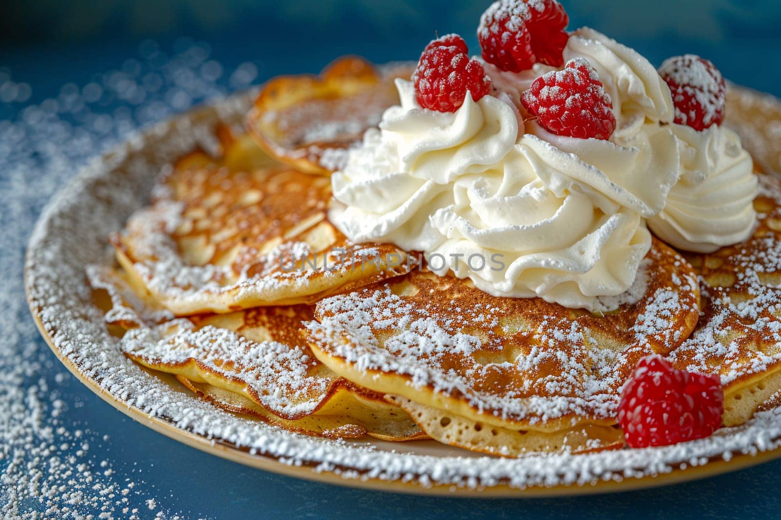 Close-up of delicious pancakes topped with whipped cream, fresh raspberries, and a dusting of powdered sugar on a plate.