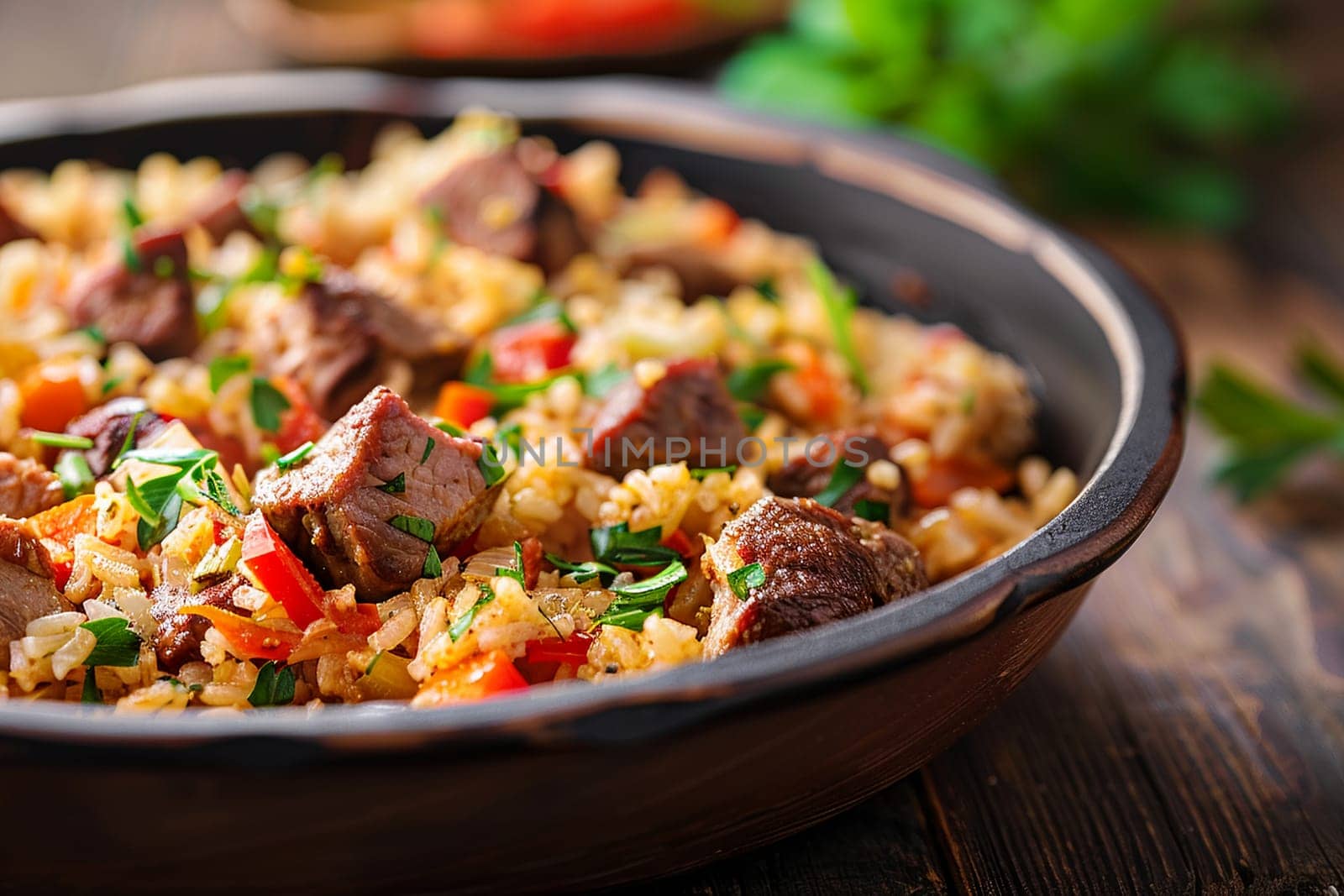 Delicious homemade pilaf with juicy meat pieces and fresh parsley in a rustic clay pot, cooked in raw style.