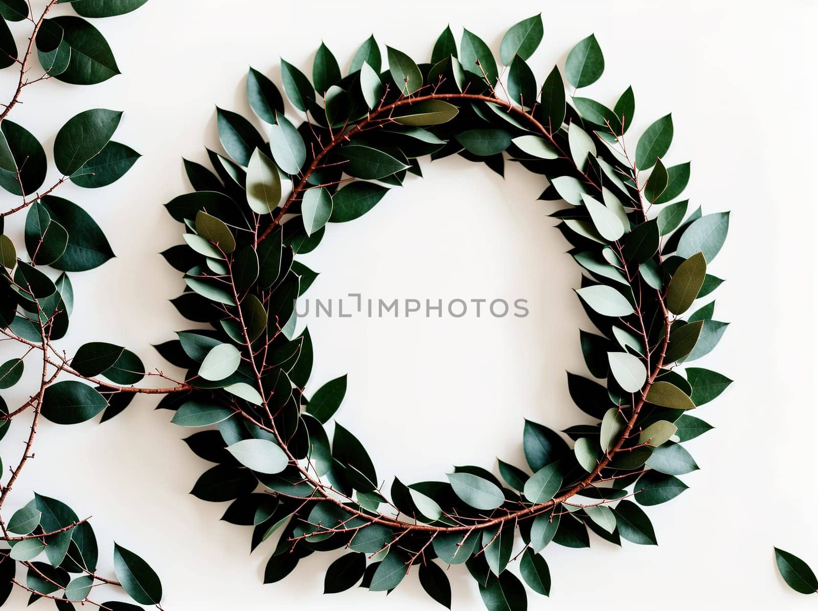 The image is a wreath made of green leaves and branches, hanging on a white wall.