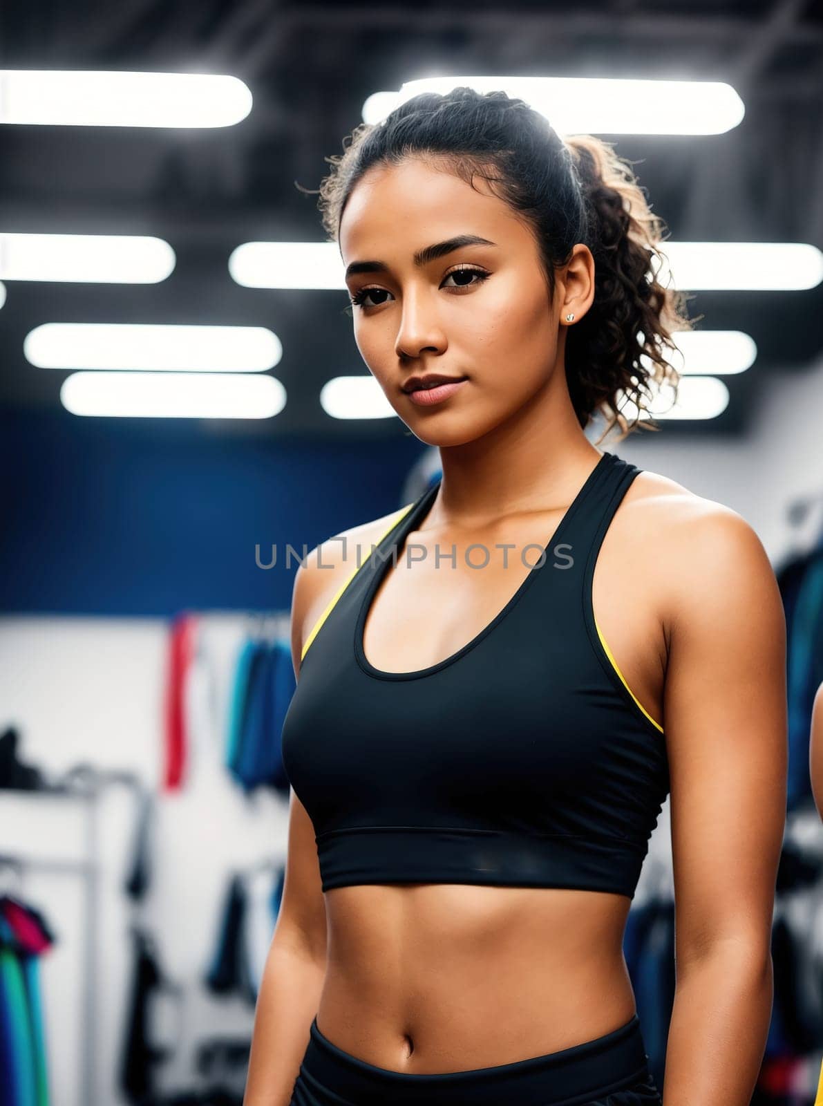 A woman wearing a black and white sports bra and leggings, standing in a gym. by creart