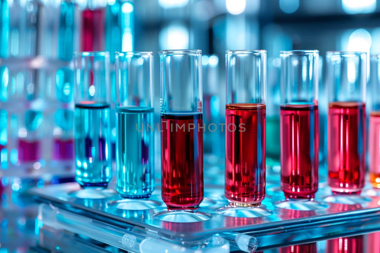 A scientific laboratory setting with multiple blood samples contained in test tubes, representing medical research and testing.