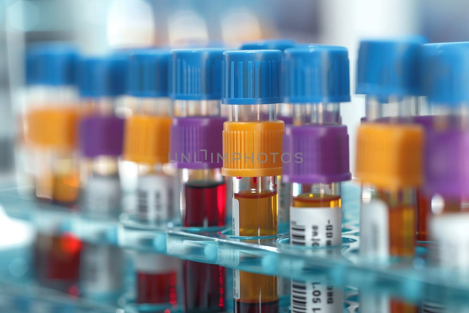 Close-up of blood sample vials in laboratory setting. Focus on clinical diagnostics and medical research.