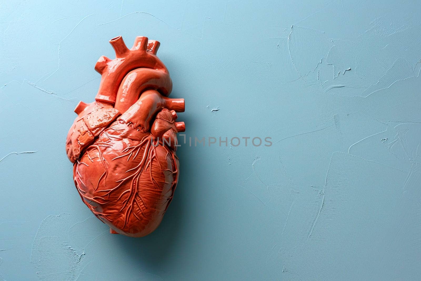 An anatomical model of a human heart placed centrally on a blue, textured background symbolizing health and medical concepts.