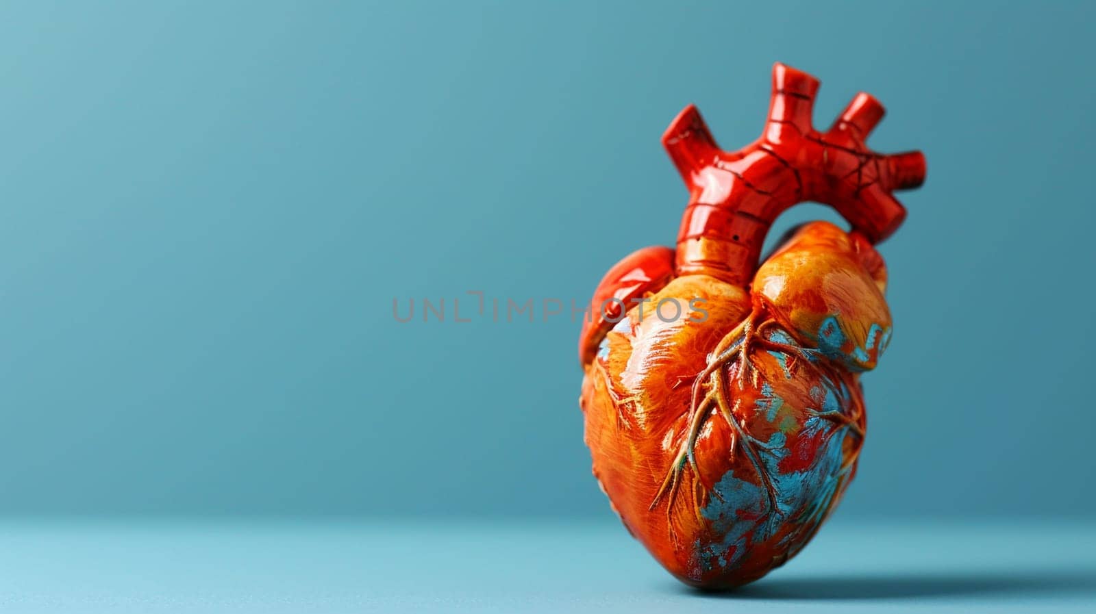 An anatomically accurate model of a human heart presented against a serene blue background, illustrating medical and health concepts.