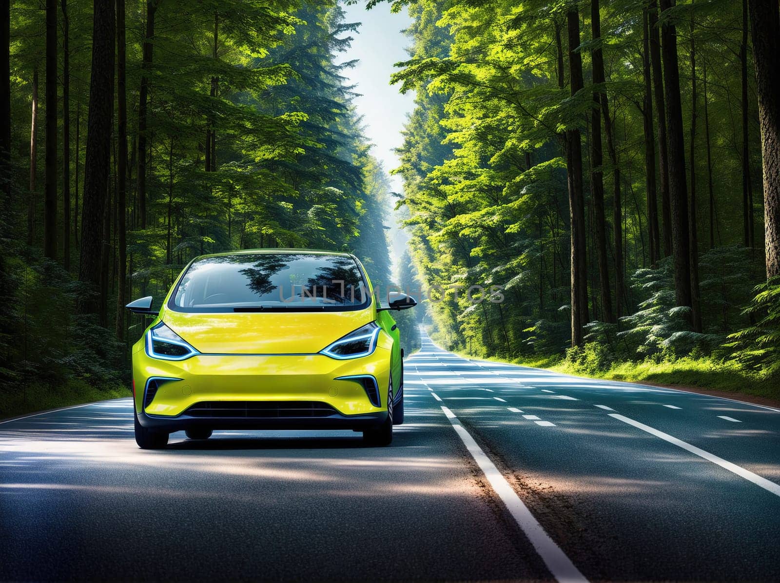 The image shows a yellow electric car driving down a winding road through a forest with tall trees on either side.