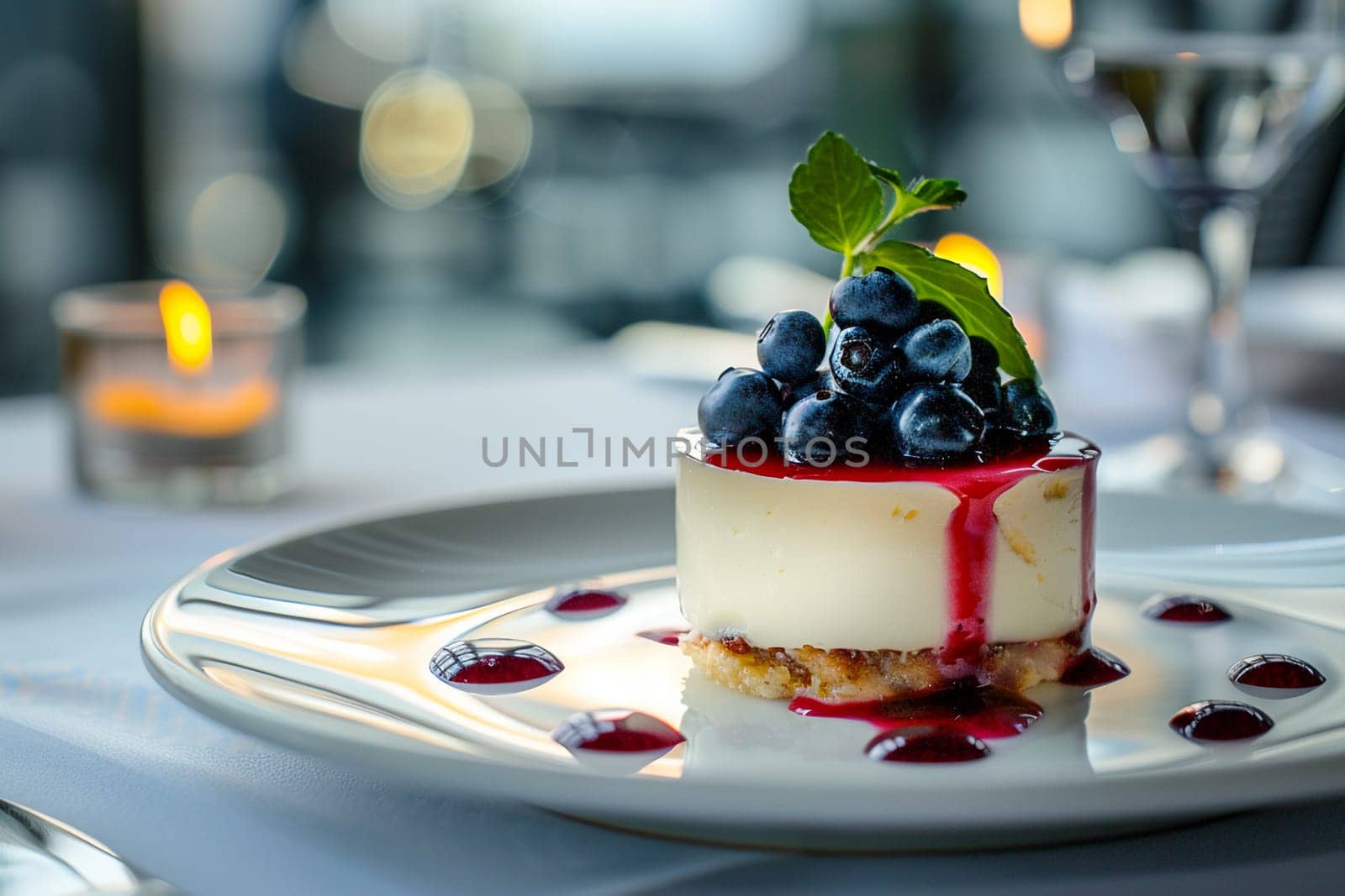 A delectable blueberry dessert beautifully presented on a white plate, with a candlit background setting a romantic ambience.