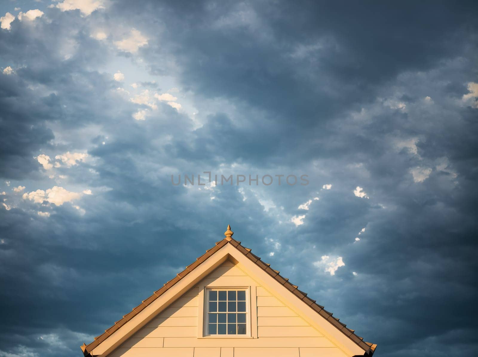 The image shows a small white house with a cloudy sky in the background.
