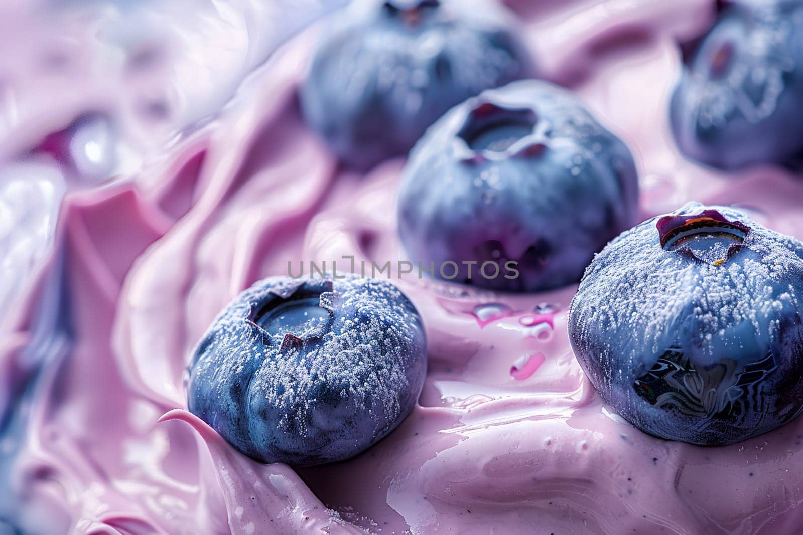 A detailed close-up view of blueberries dusted with sugar and drizzled with syrup on a creamy surface.
