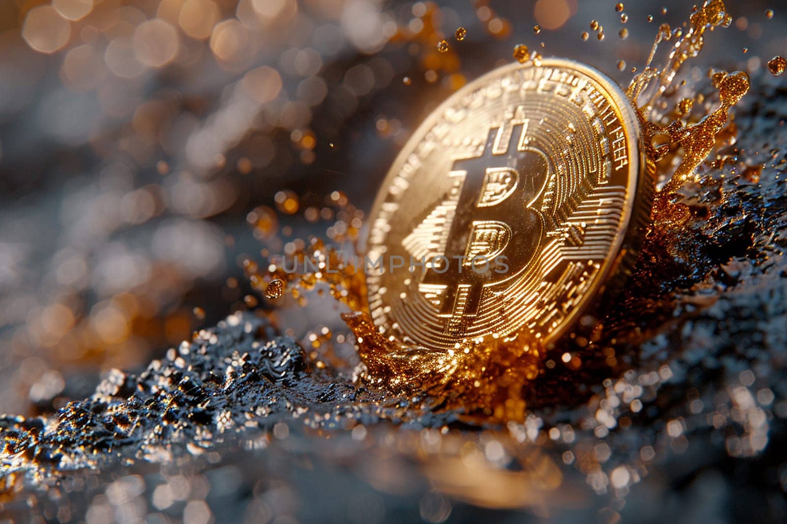Bitcoin plunges into a pool of liquid gold with splashes. Market volatility investment concept by Yevhen89