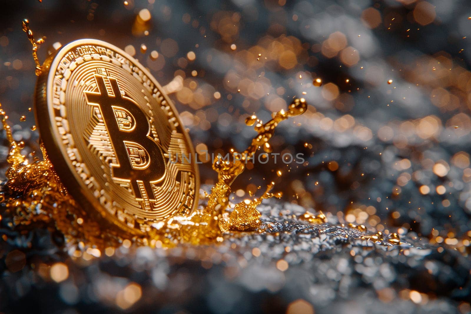 Dramatic depiction of a physical Bitcoin coin crashing into a surface of shimmering liquid gold, symbolizing market volatility and investment risks.