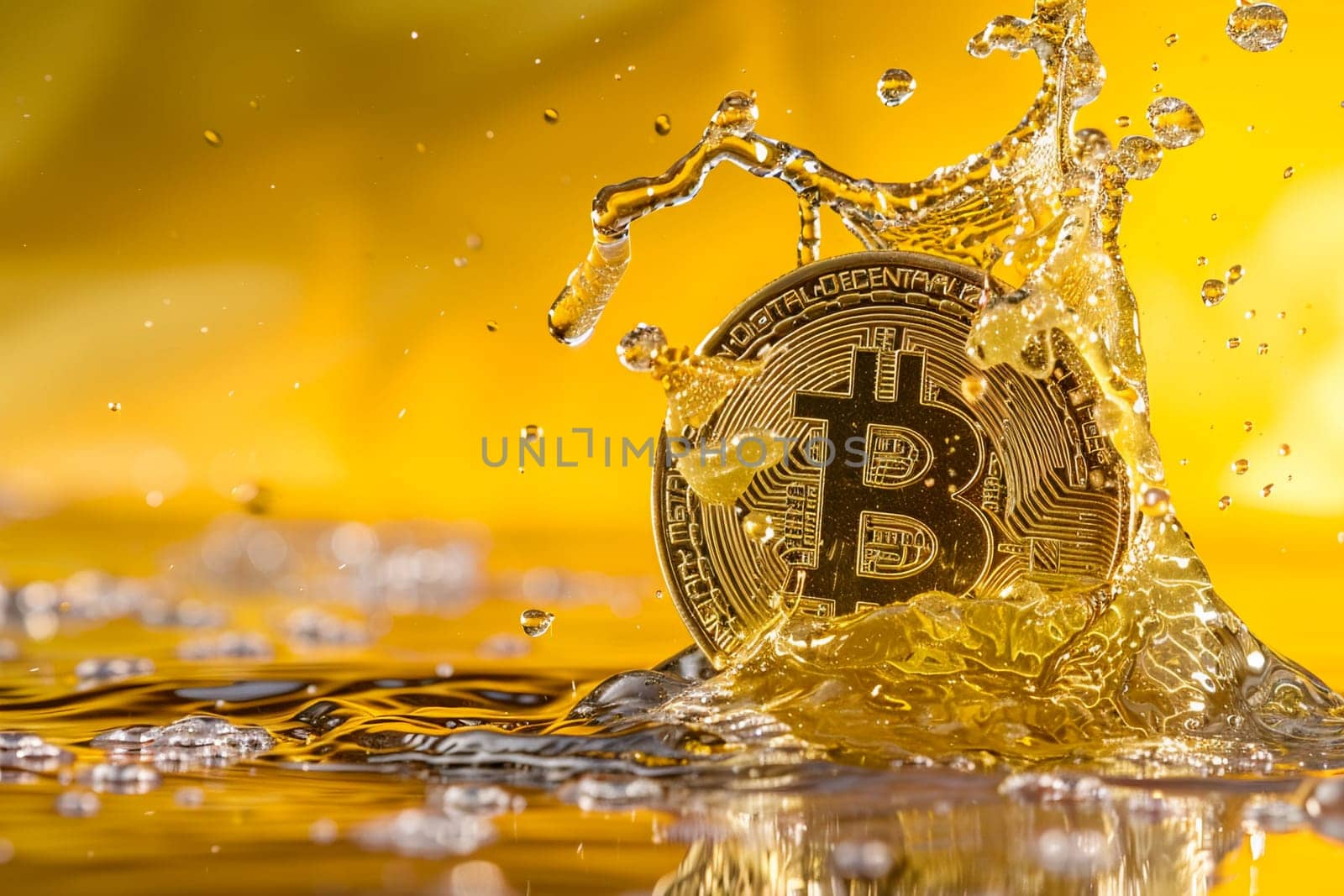 A Bitcoin crashes dynamically into a surface of liquid gold, representing cryptocurrency market volatility and investment concepts.