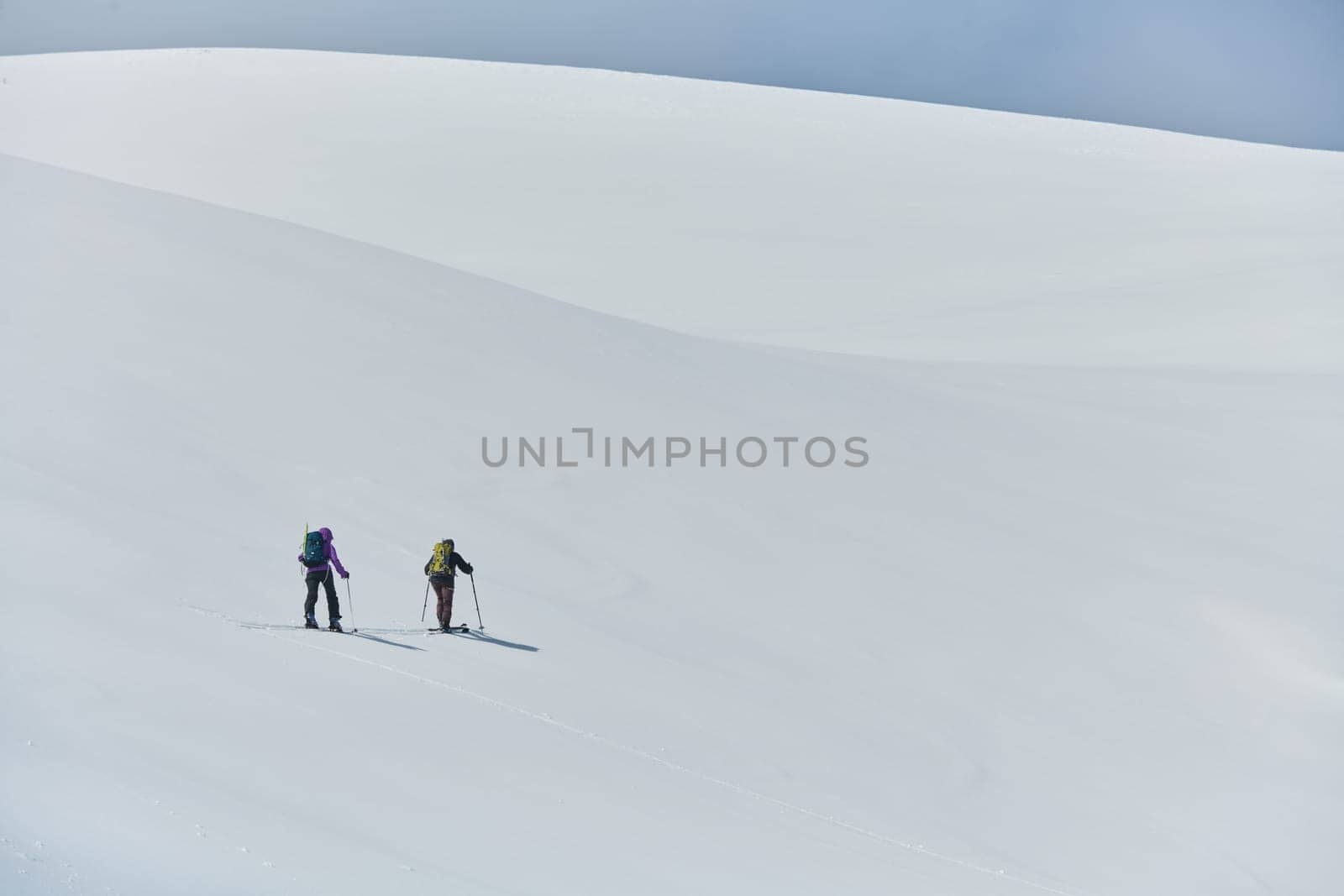 In a display of unwavering teamwork and determination, two professional skiers ascend the snow-capped peaks of the Alps, united in their quest for the summit.