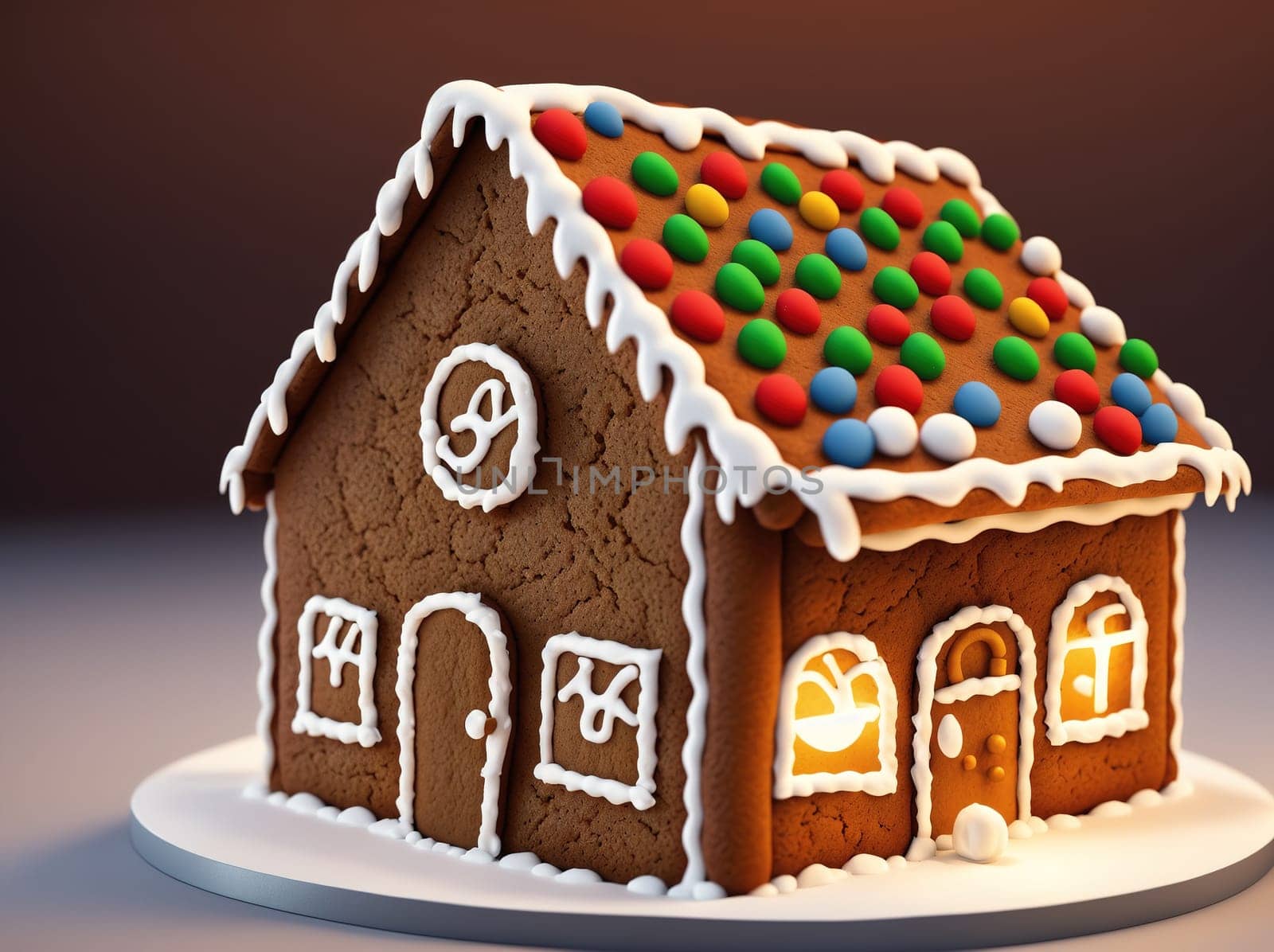 The image is a 3D rendering of a gingerbread house with colorful candy decorations on the roof and sides.
