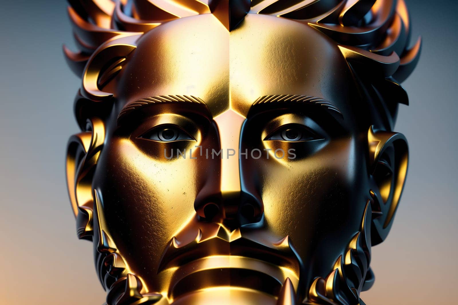 The image is a 3D rendering of a mans face with a beard and mustache, looking serious and introspective.