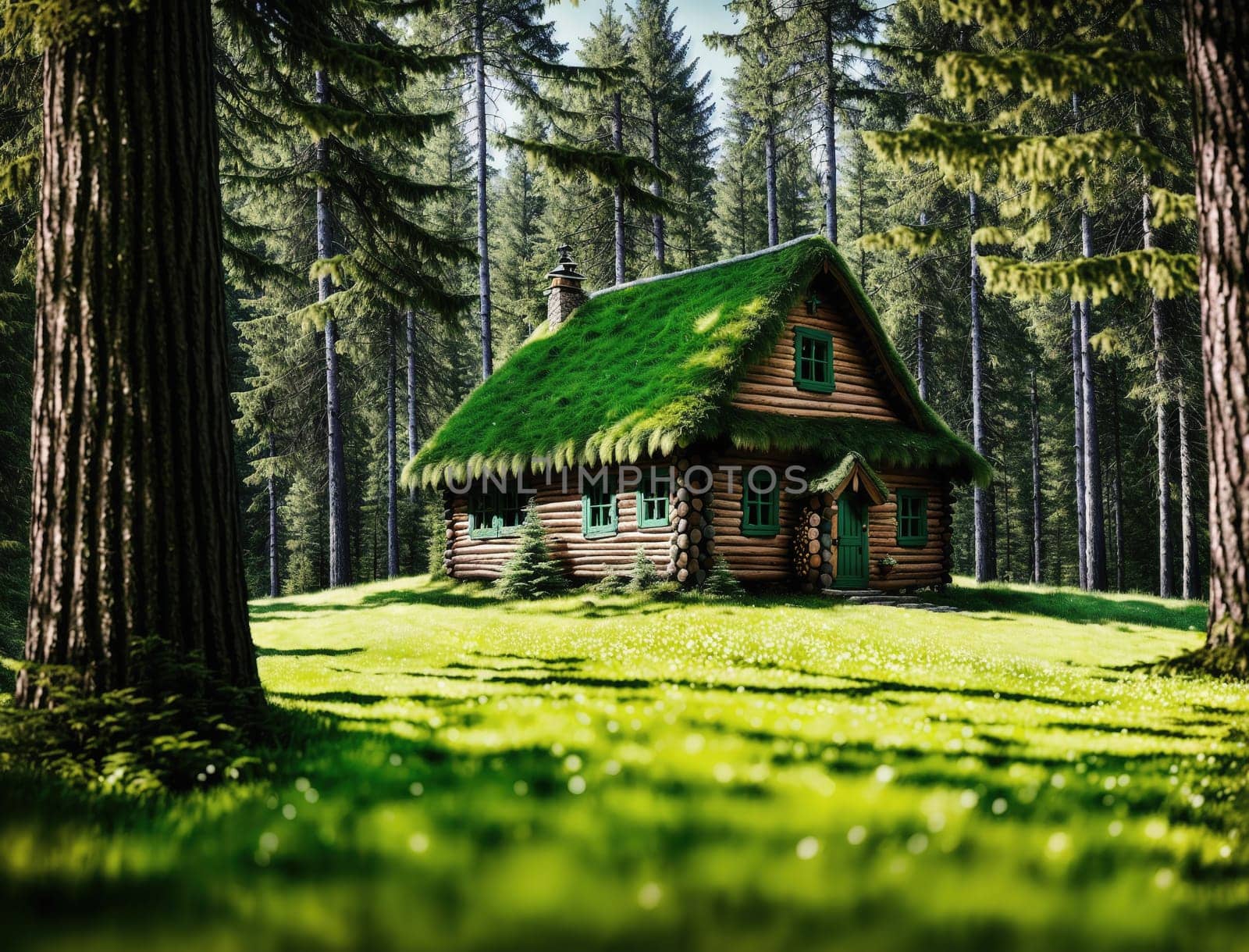 The image shows a small wooden cabin in the middle of a forest, surrounded by tall trees and green grass.