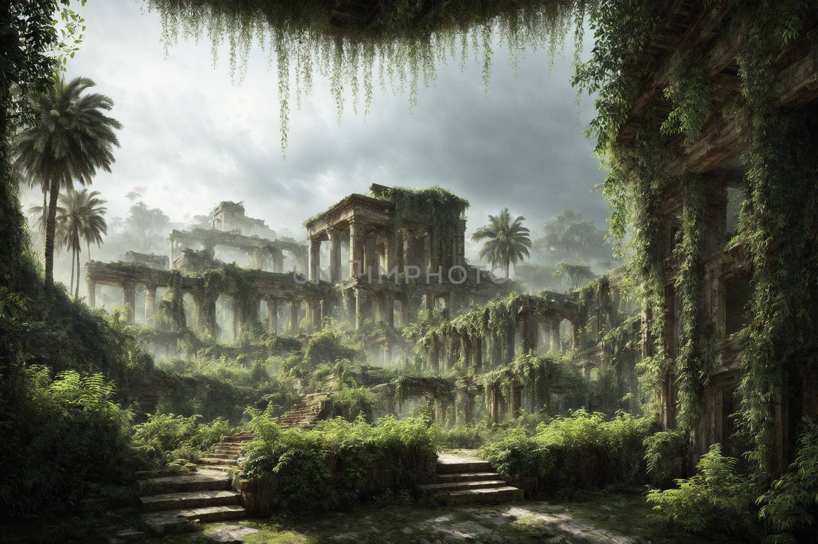 The image depicts an overgrown and abandoned ruin with vines and moss covering the walls and columns, creating a mysterious and eerie atmosphere.