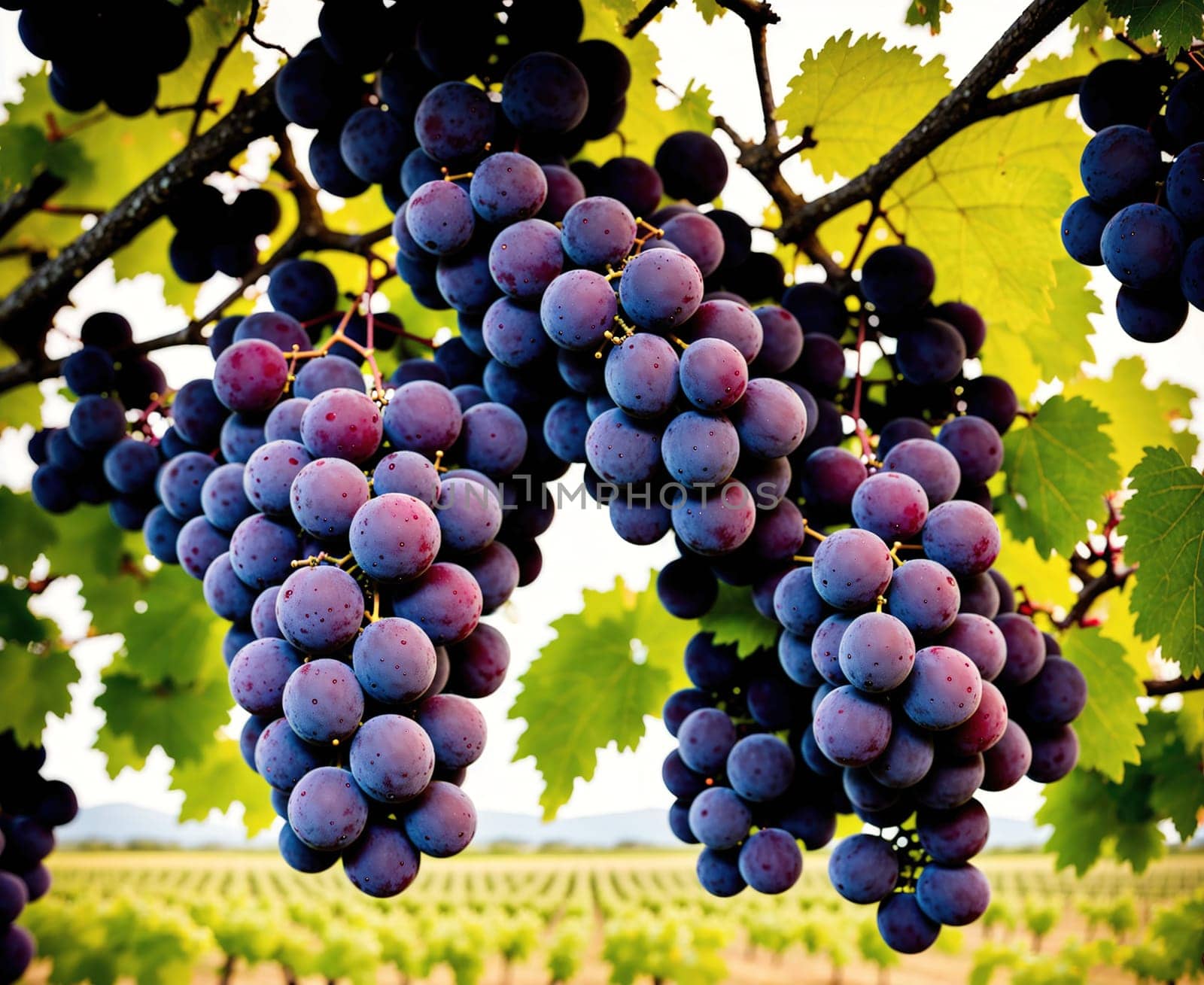 The image shows a bunch of purple grapes hanging from a grapevine in a vineyard.