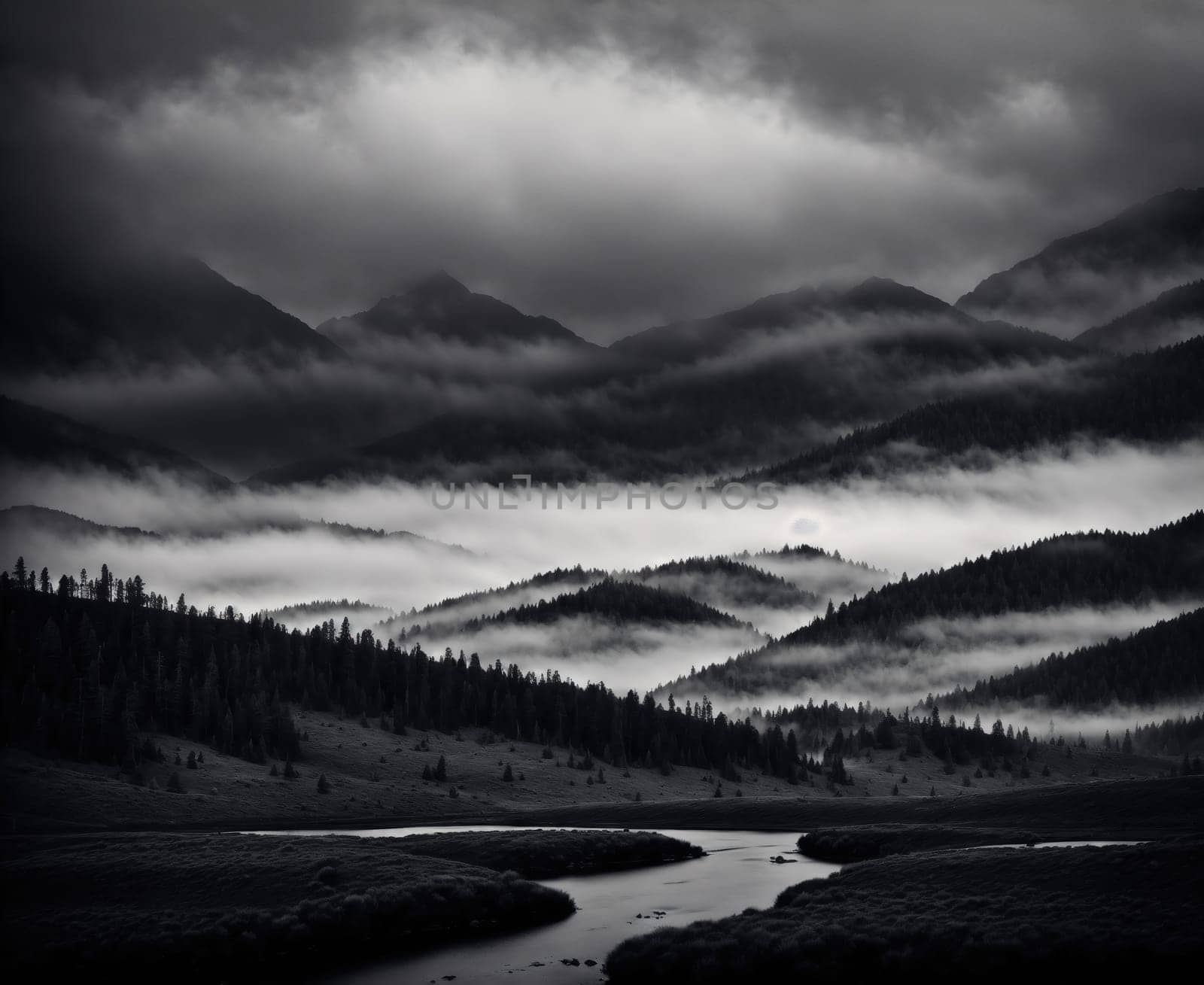 The image is a black and white photograph of a mountainous landscape with a river running through it, surrounded by trees and mountains in the background.