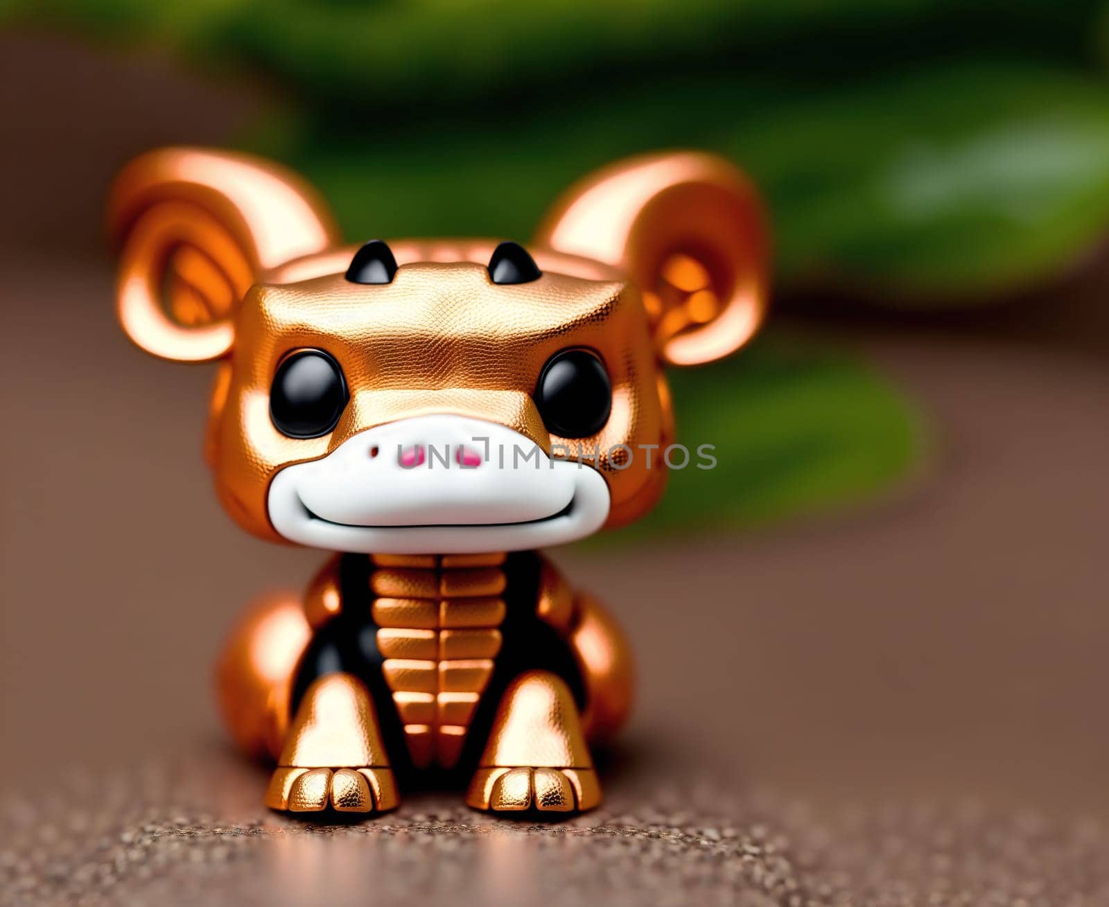 The image is a golden pig figurine sitting on a green background.