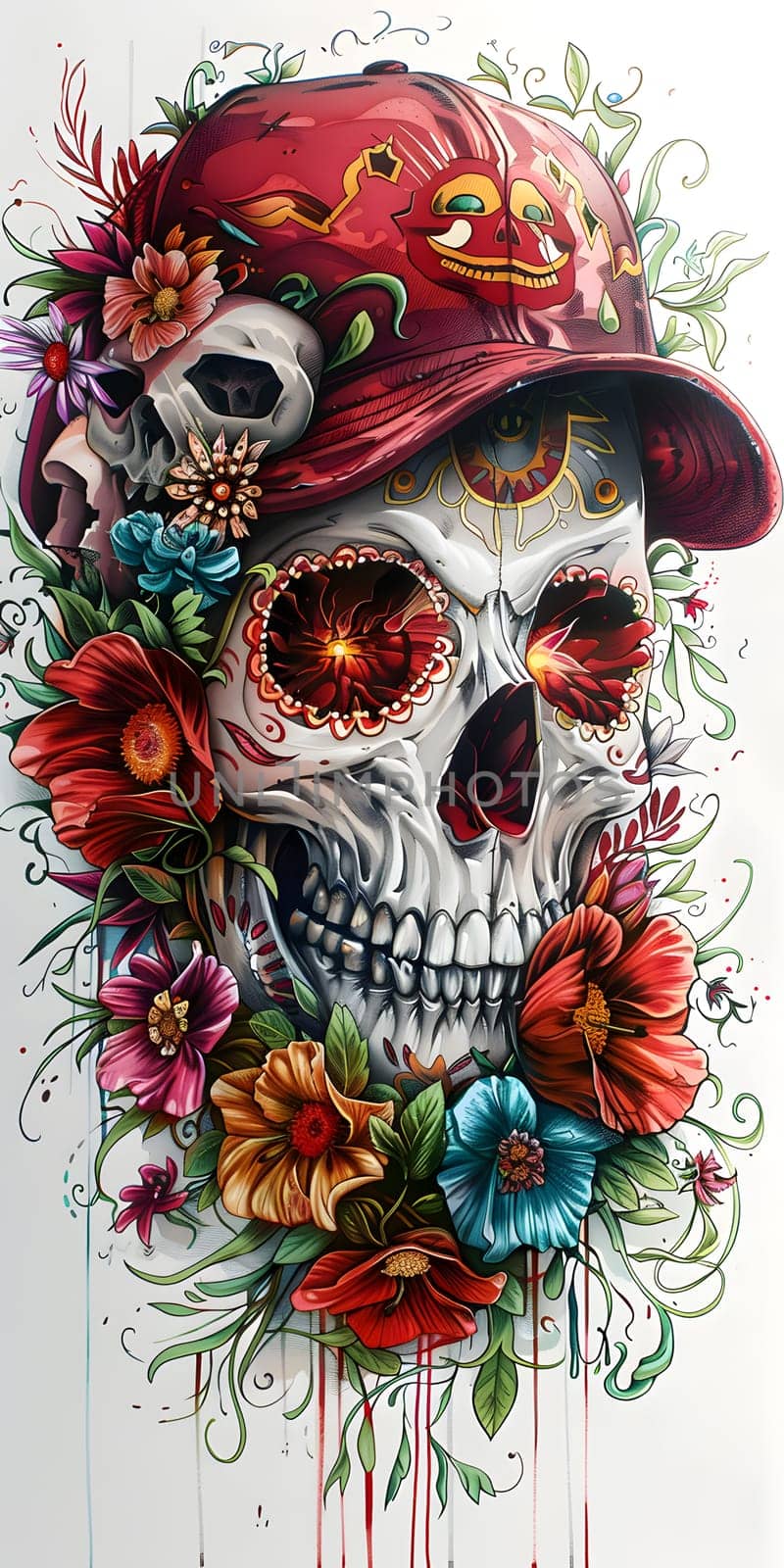 A bone skull with magenta flower crown is featured in a painting by Nadtochiy