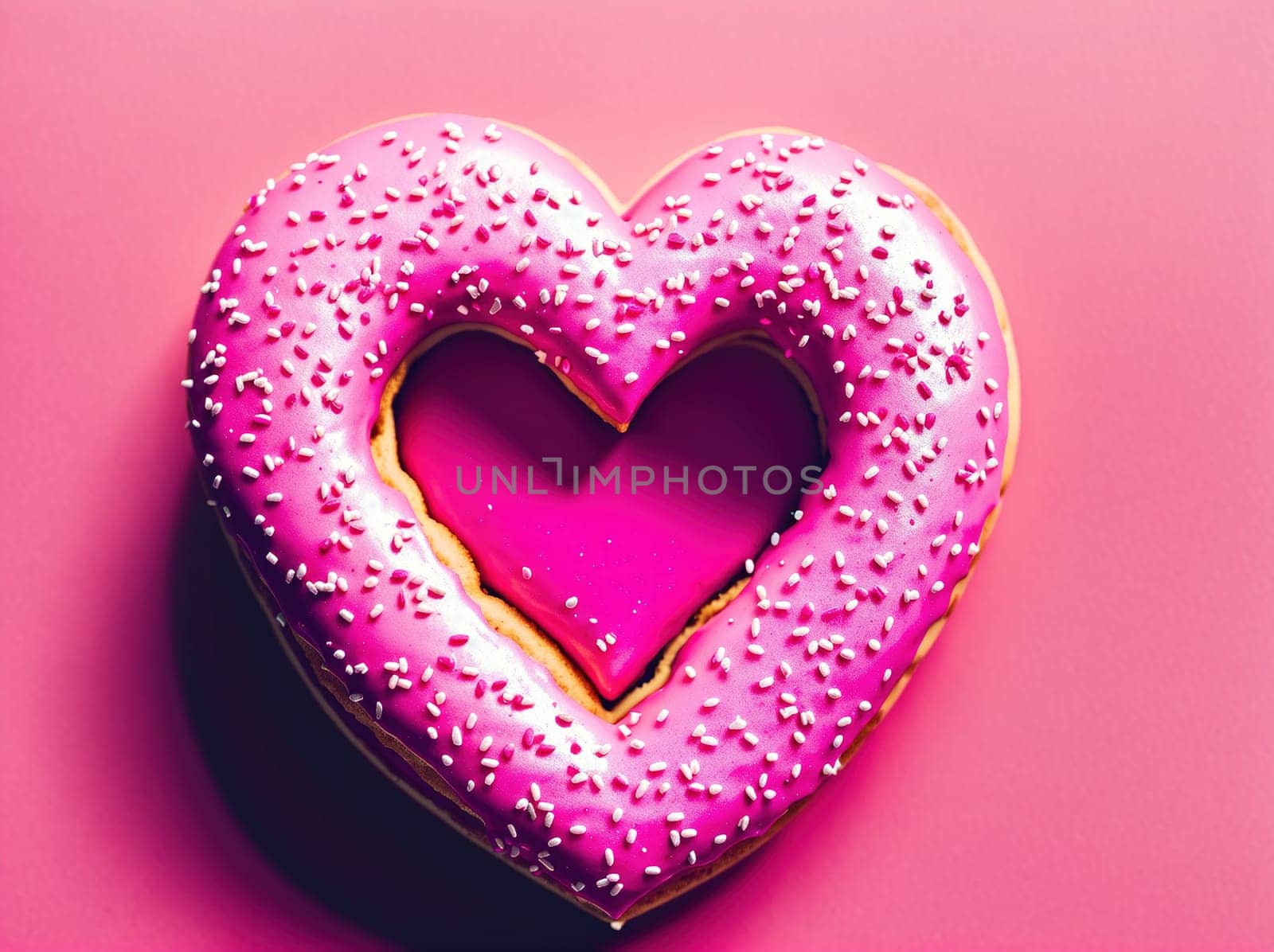 The image is a pink donut with a heart-shaped hole in the center, hanging from a string.