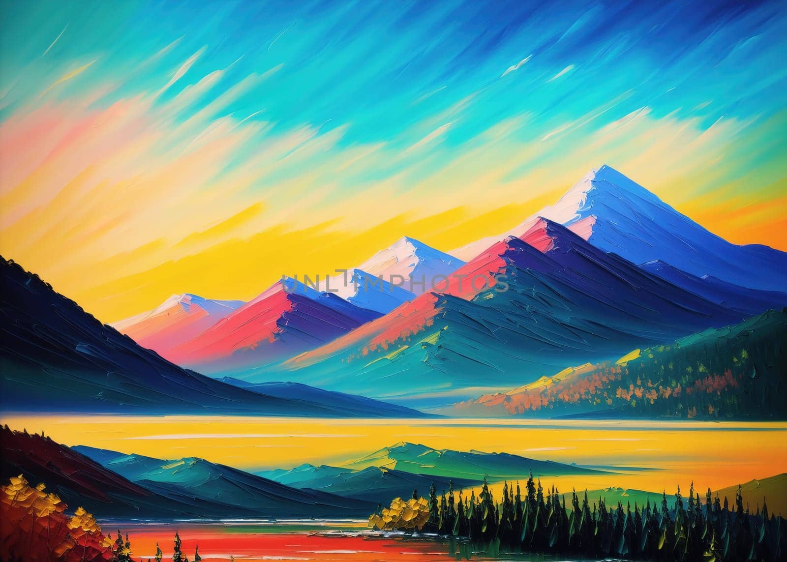 The image depicts a serene landscape with mountains in the background, a river flowing through the foreground, and trees and vegetation surrounding the scene.