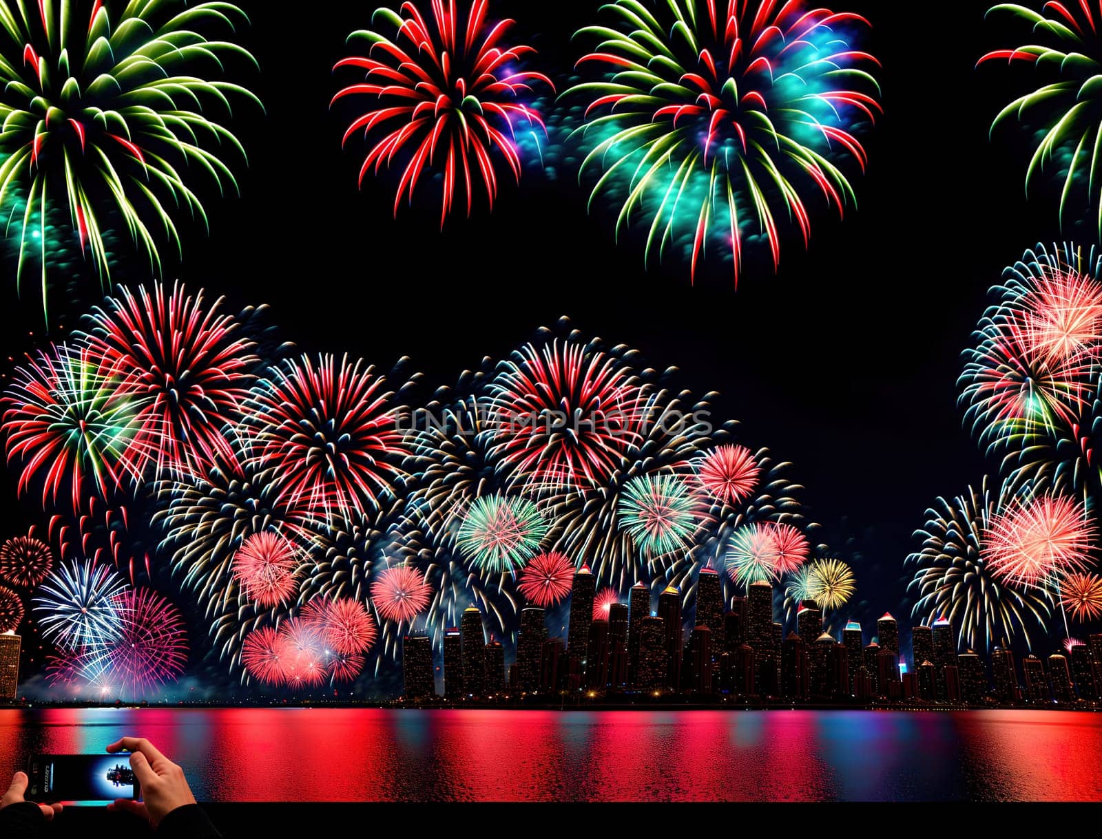 The image shows a person taking a photo of a city skyline with fireworks in the background.