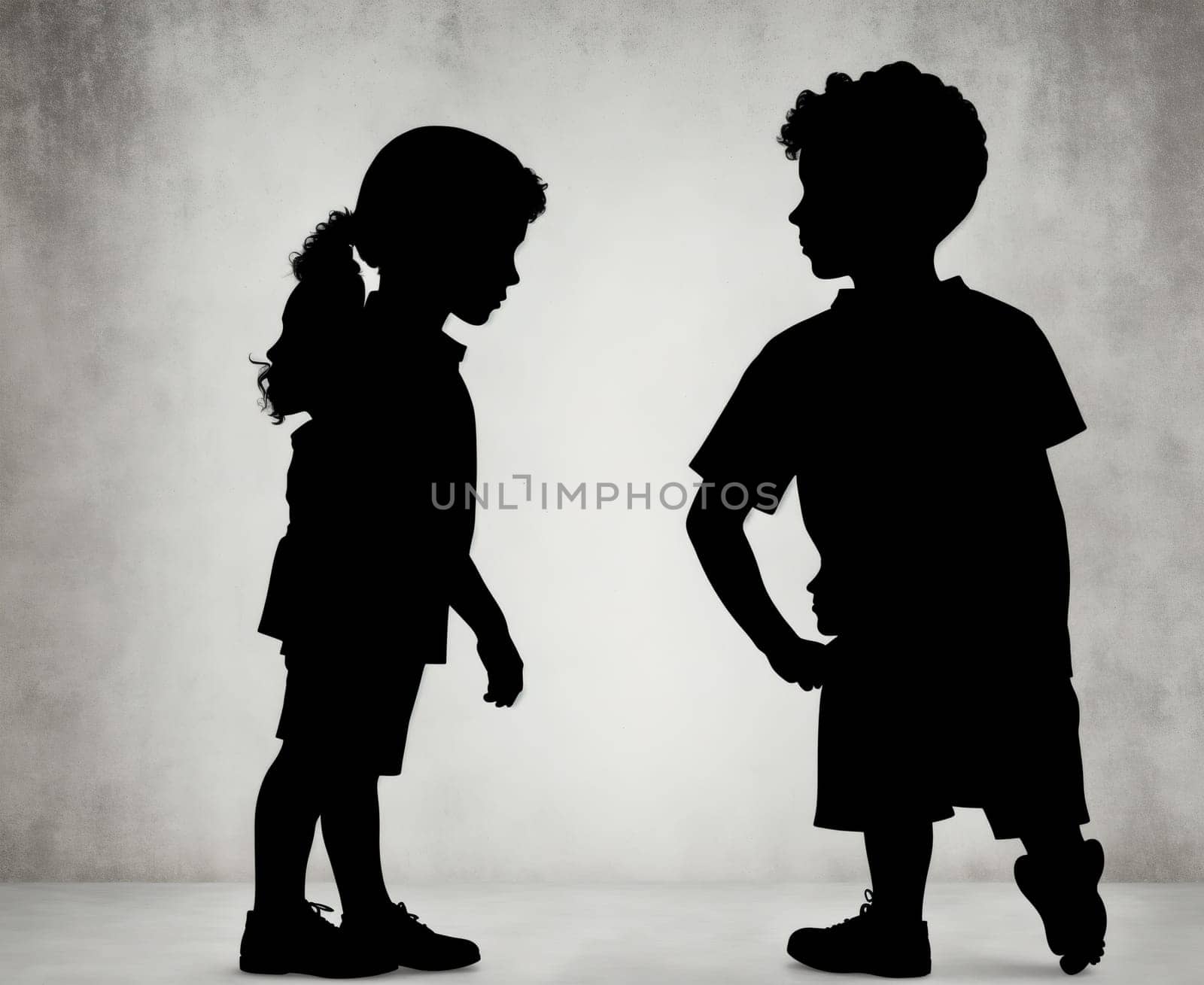 The image shows two children standing in front of a wall with their backs to the camera, one boy and one girl, both wearing casual clothing and looking at each other with curious expressions on their faces.