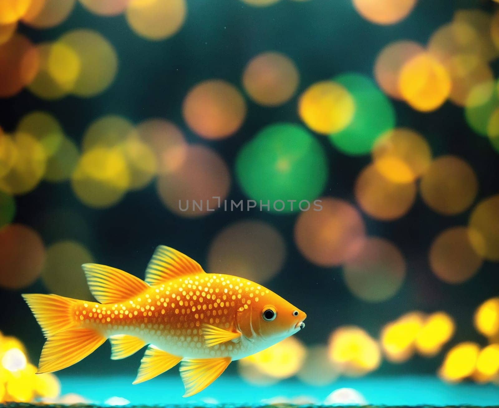 The image is of a goldfish swimming in a tank with bubbles floating around it.