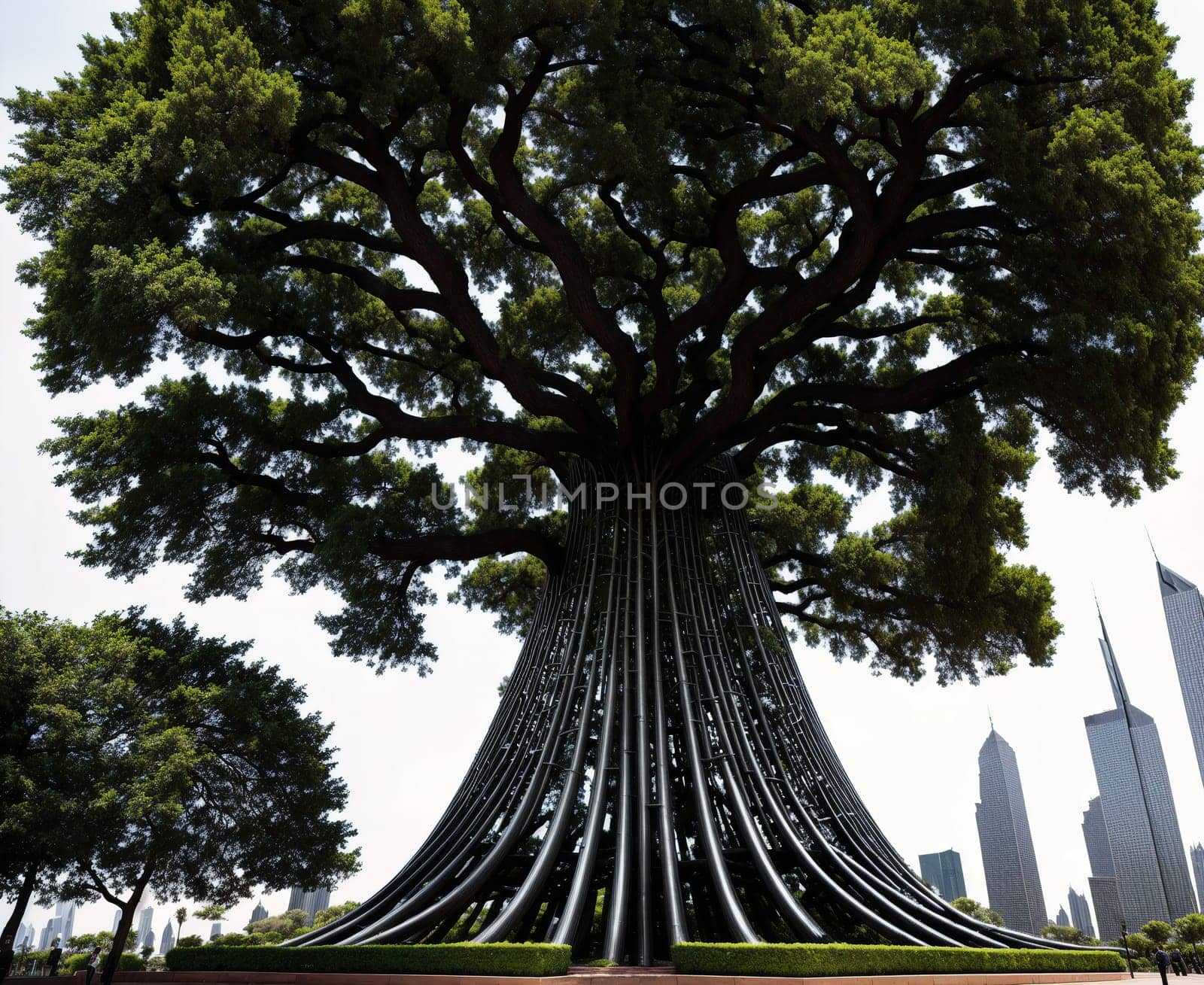 The image shows a large tree with branches reaching up towards the sky in the middle of a park with tall buildings in the background.