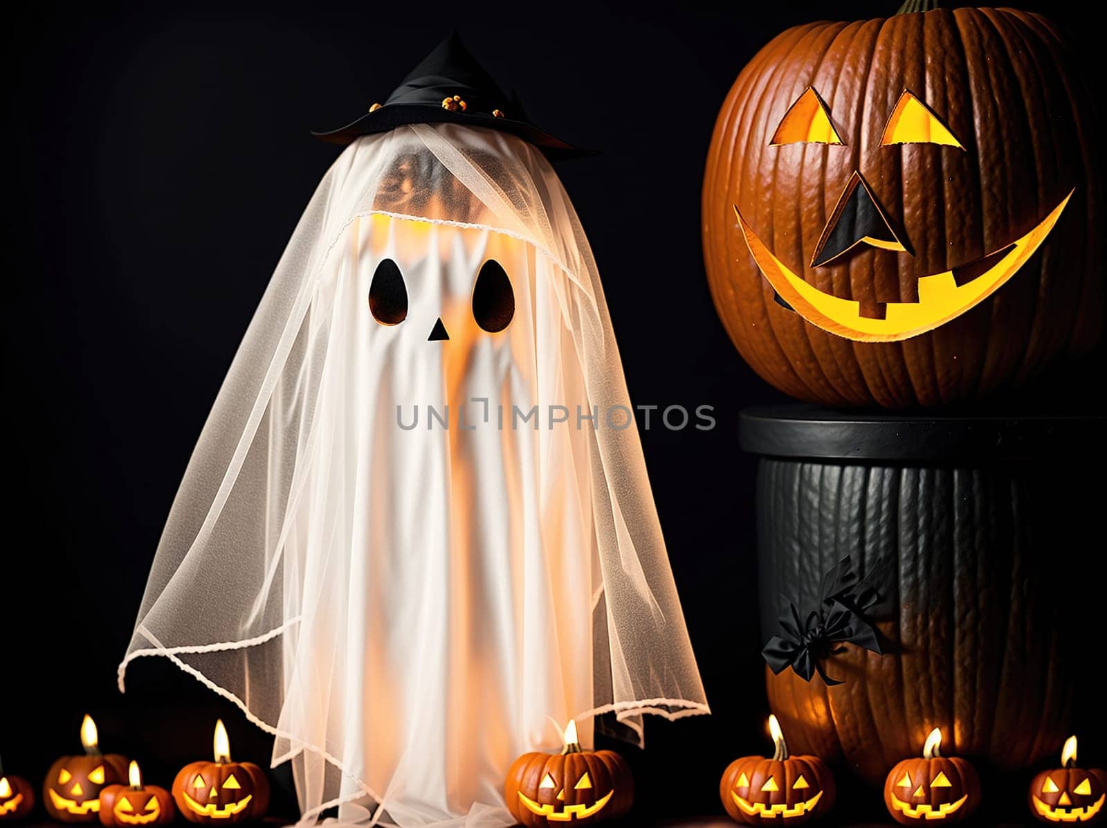 The image shows a pumpkin with a ghostly face carved into it, surrounded by other pumpkins and candles.