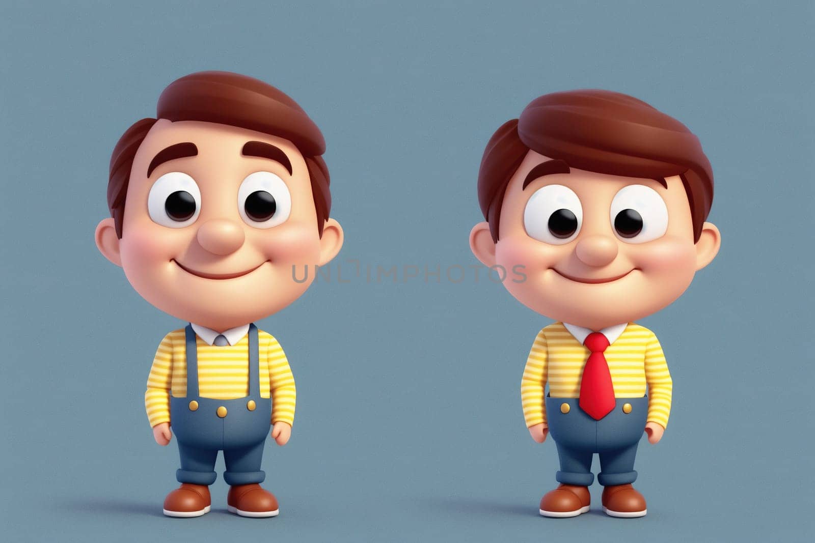 The image shows a cartoon character wearing a yellow shirt and blue pants, standing with his hands on his hips and a smile on his face.