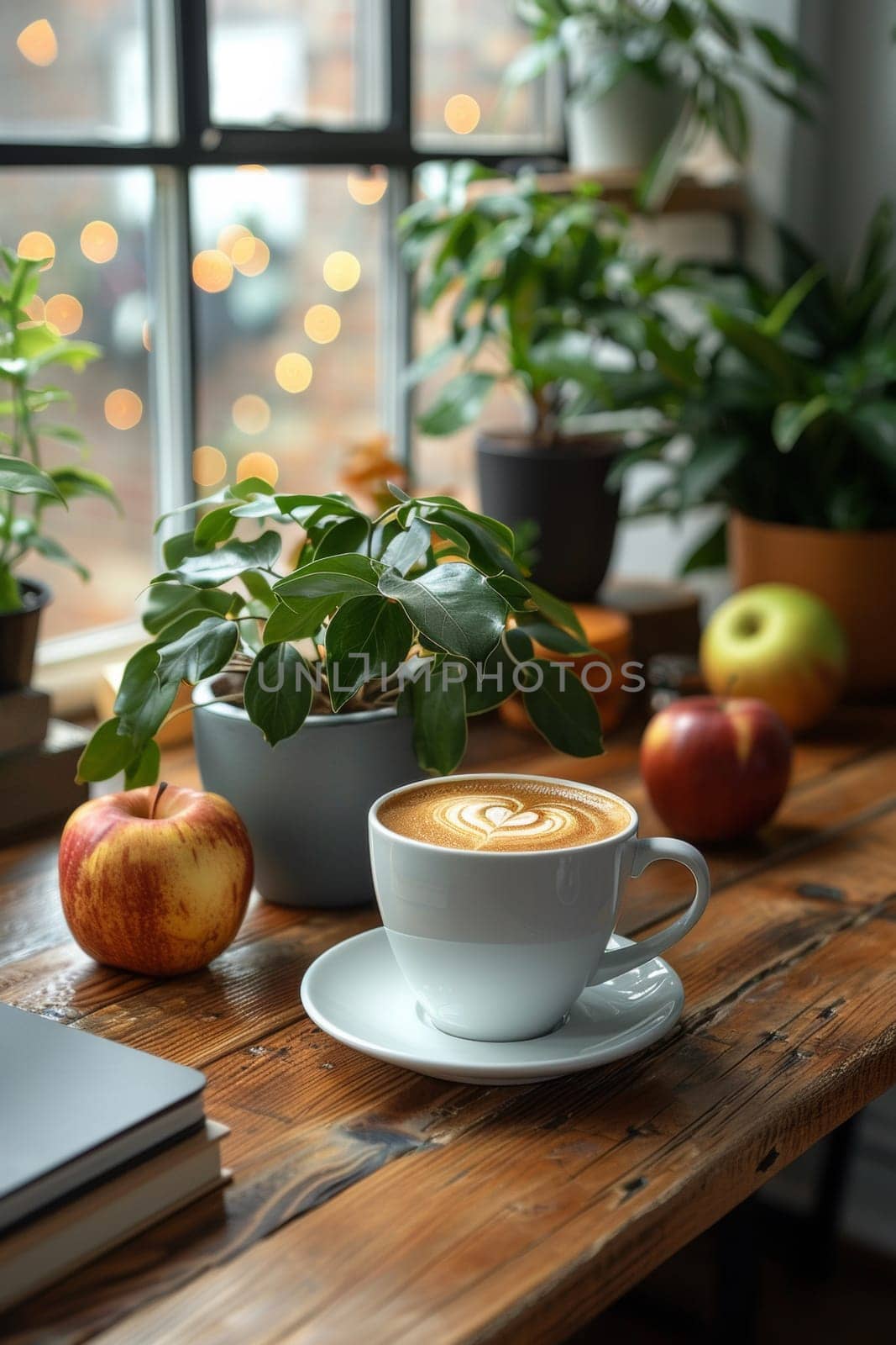 A cup of coffee on a table next to an apple and potted plant