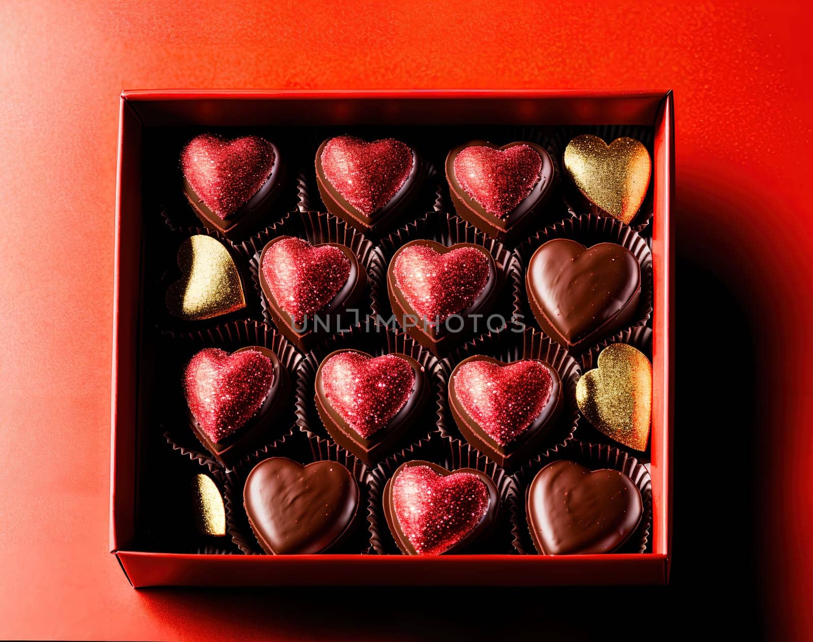 The image shows a box filled with chocolates in the shape of hearts.