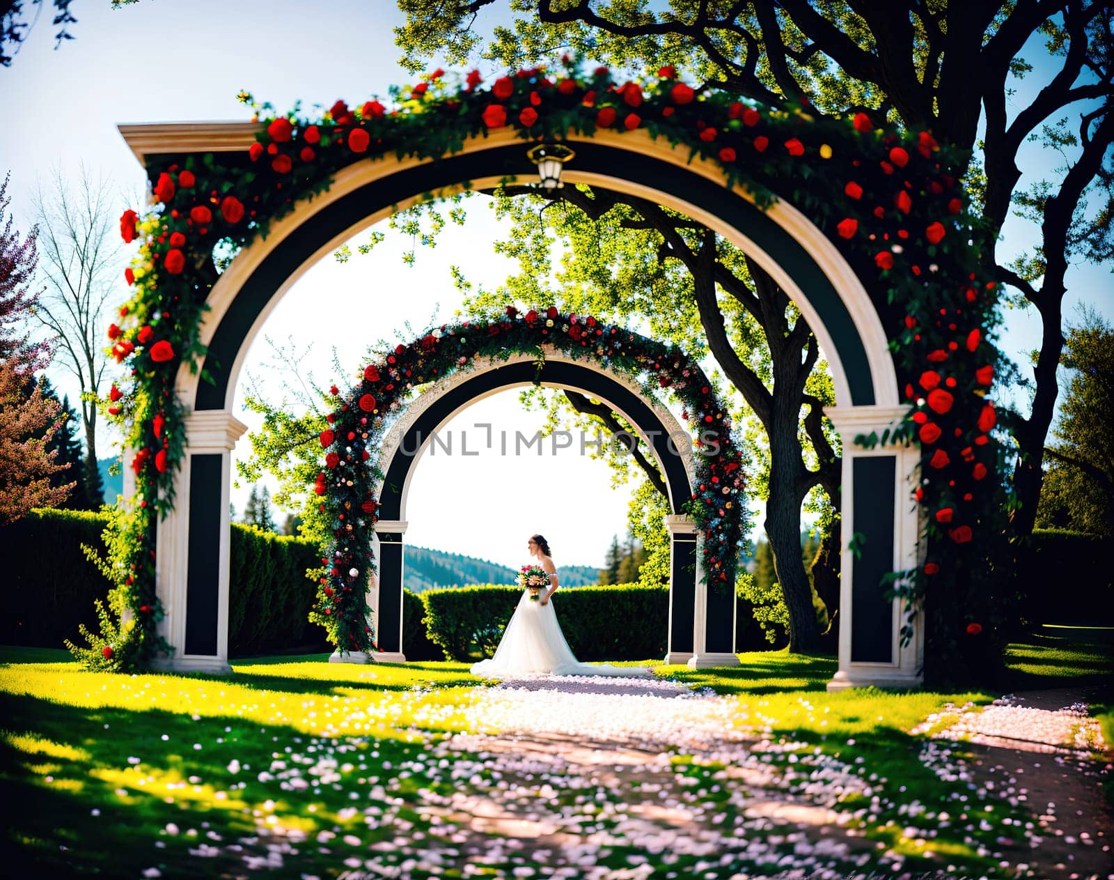 The image shows a beautiful garden with a white archway in the center, surrounded by pink flowers and green trees.