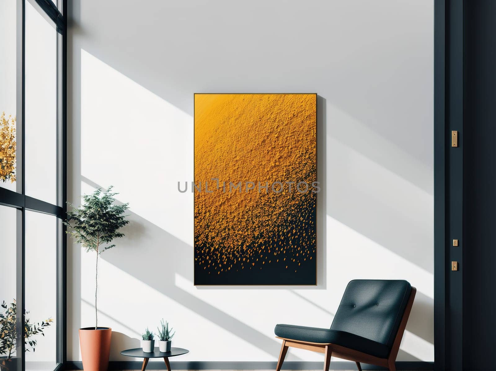 The image is a photograph of a room with a large window, a couch, and a plant in the corner.