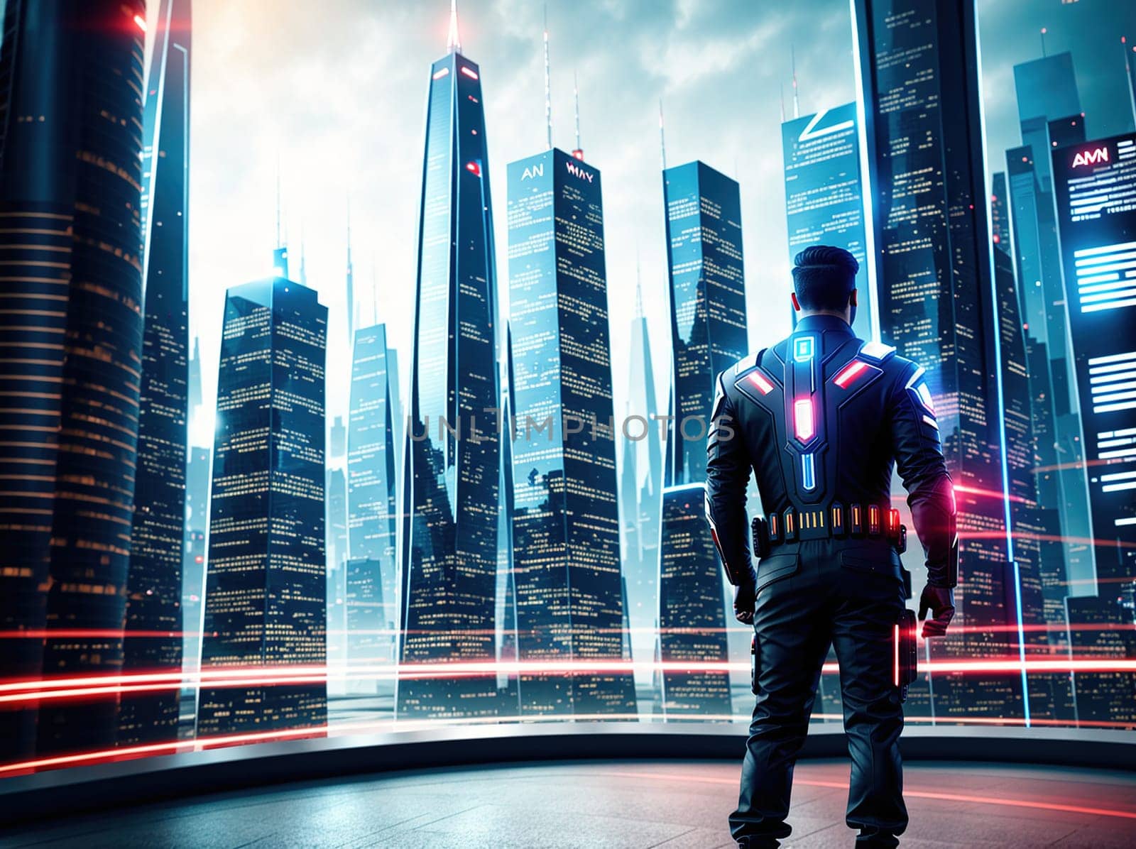 The image depicts a futuristic cityscape with towering skyscrapers and neon lights illuminating the night sky.