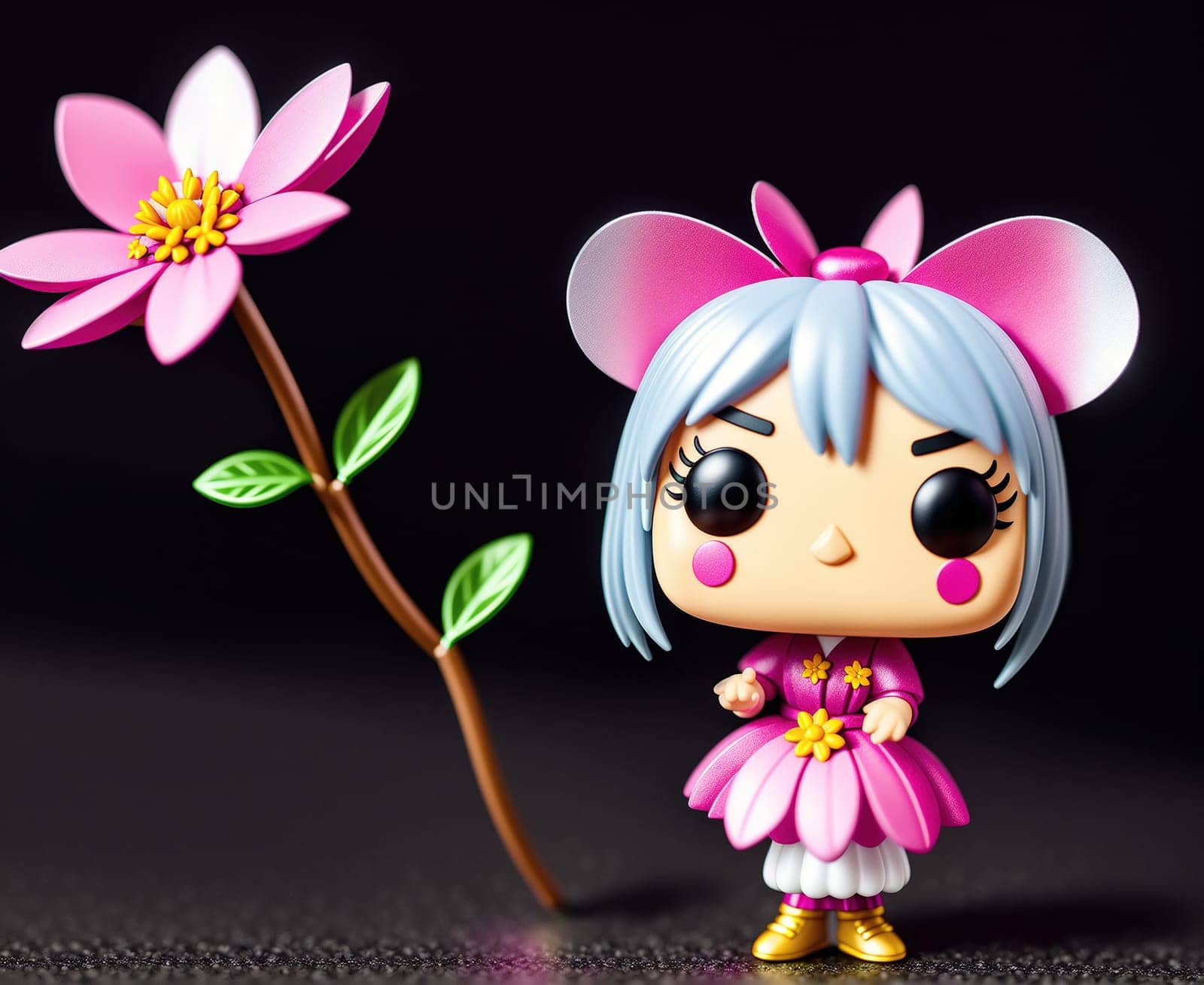 The image shows a cartoon character wearing a pink dress and holding a flower in her hand.