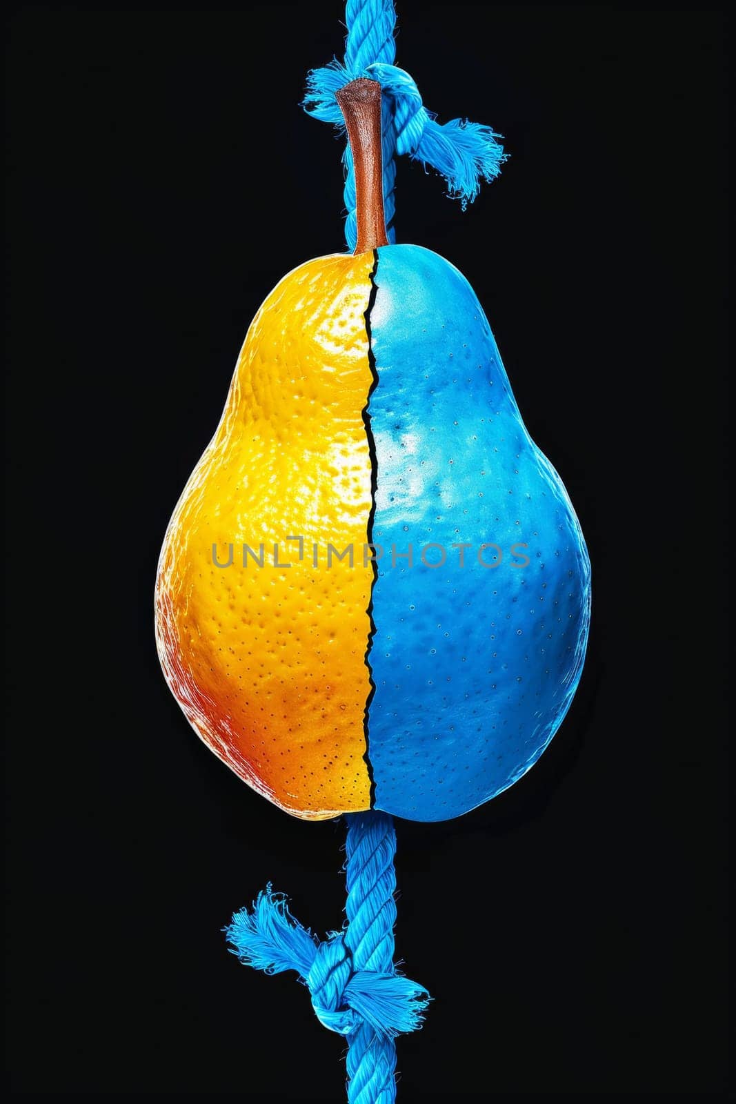A pear with half blue and half yellow on a rope
